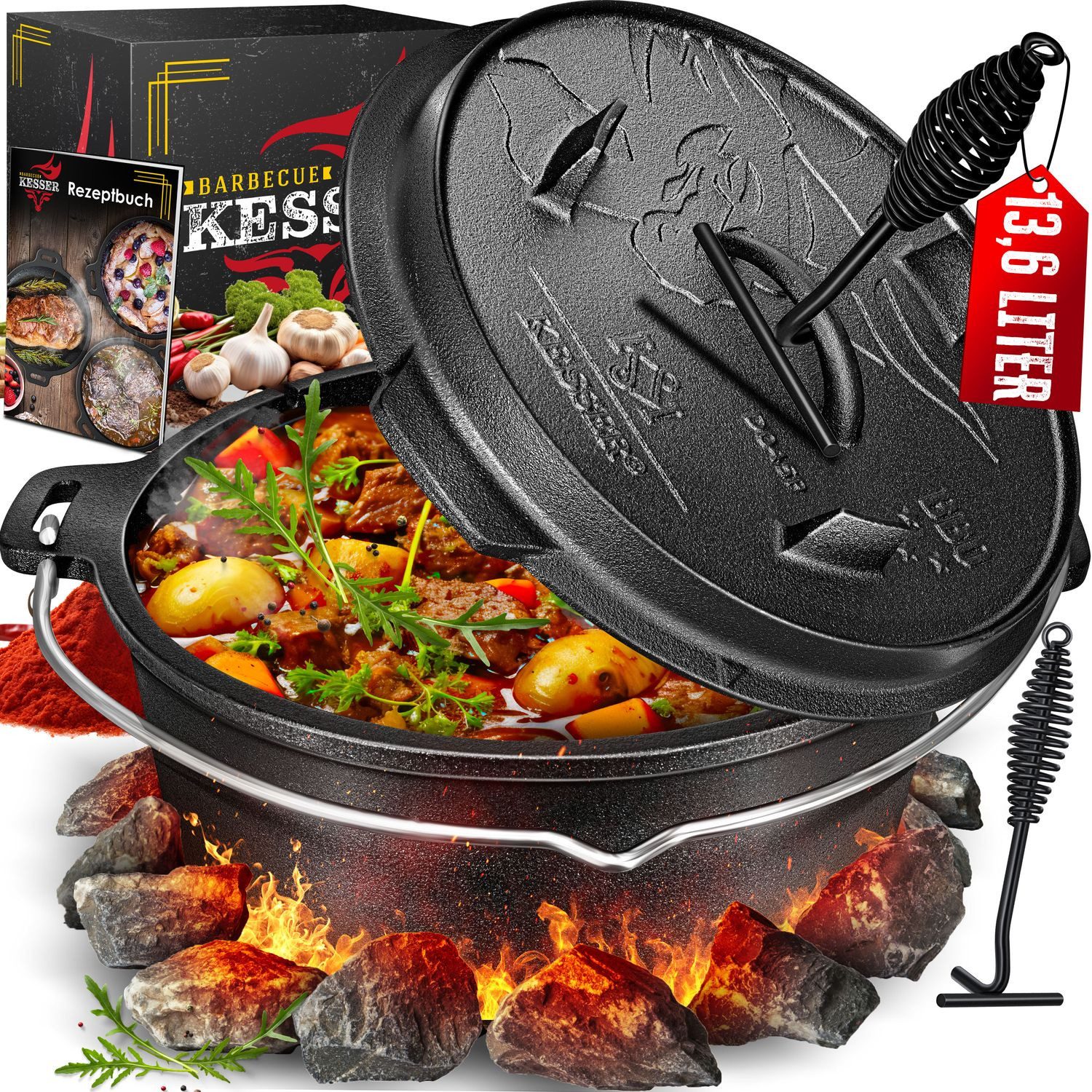 KESSER Feuertopf, Gußeisen, Dutch Oven Set BBQ Feuertopf Schmortopf, Gusseisen Topf
