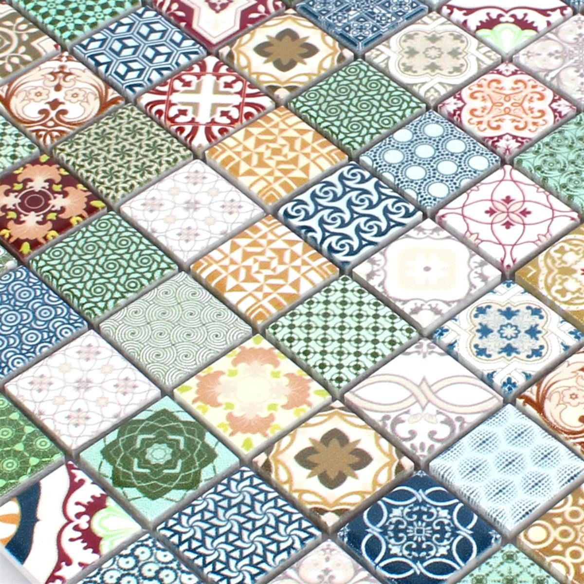 Mosafil Mosaikfliesen Keramikmosaik Fliesen Retro Vintage Optik Hebron Bunt Duo, Keramik 30.000x30.000, weiß-rot-beige-braun-grau-grün-blau-gelb-bunt, Verlegefertig auf ein Netz geklebt - Frostsicher - Wasserfest