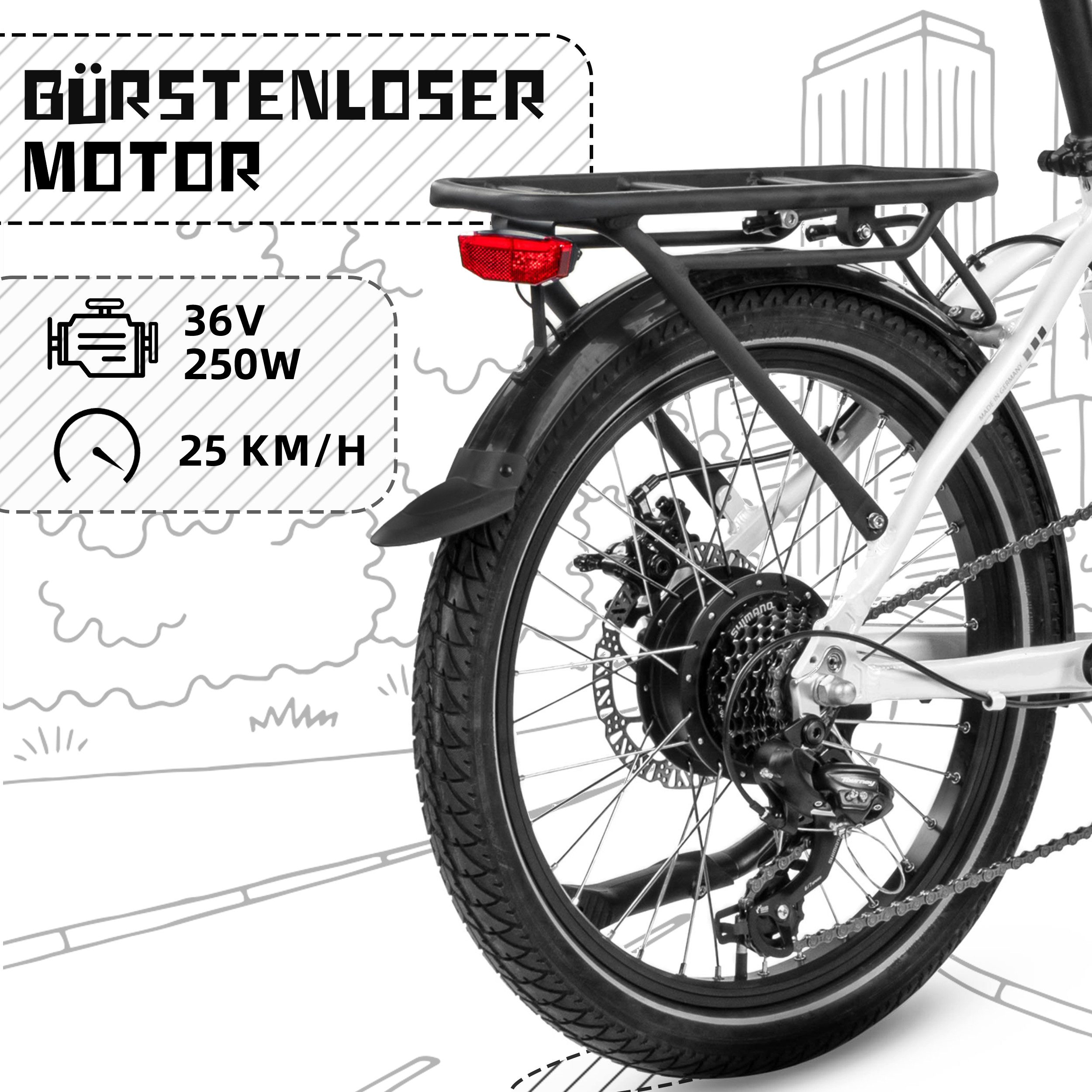 SAXXX E-Bike Klapprad 20x2,3'' Damen und Herren, SAXXX Pedelec 410Wh, max. 120km, nur 24kg, 7 Gang Shimano Nexus Schaltwerk, Kettenschaltung, Heckmotor, 410 Wh, (abnehmbarer Akku, 250W bürstenloser Hinterradmotor, 95% vormontiert), Faltrad E-Bike, Tiefeinsteiger, Gepäckträger bis 25 kg