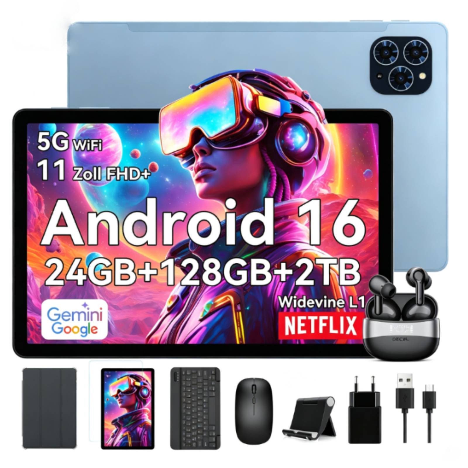 TABWEE T9 11" FHD Android 16 Tablet mit Tastatur Maus Hülle Kopfhörer Tablet (11"", 128 GB, Android16, Android 16, FHD Display, Widevine L1, Gemini AI, 13 MP)