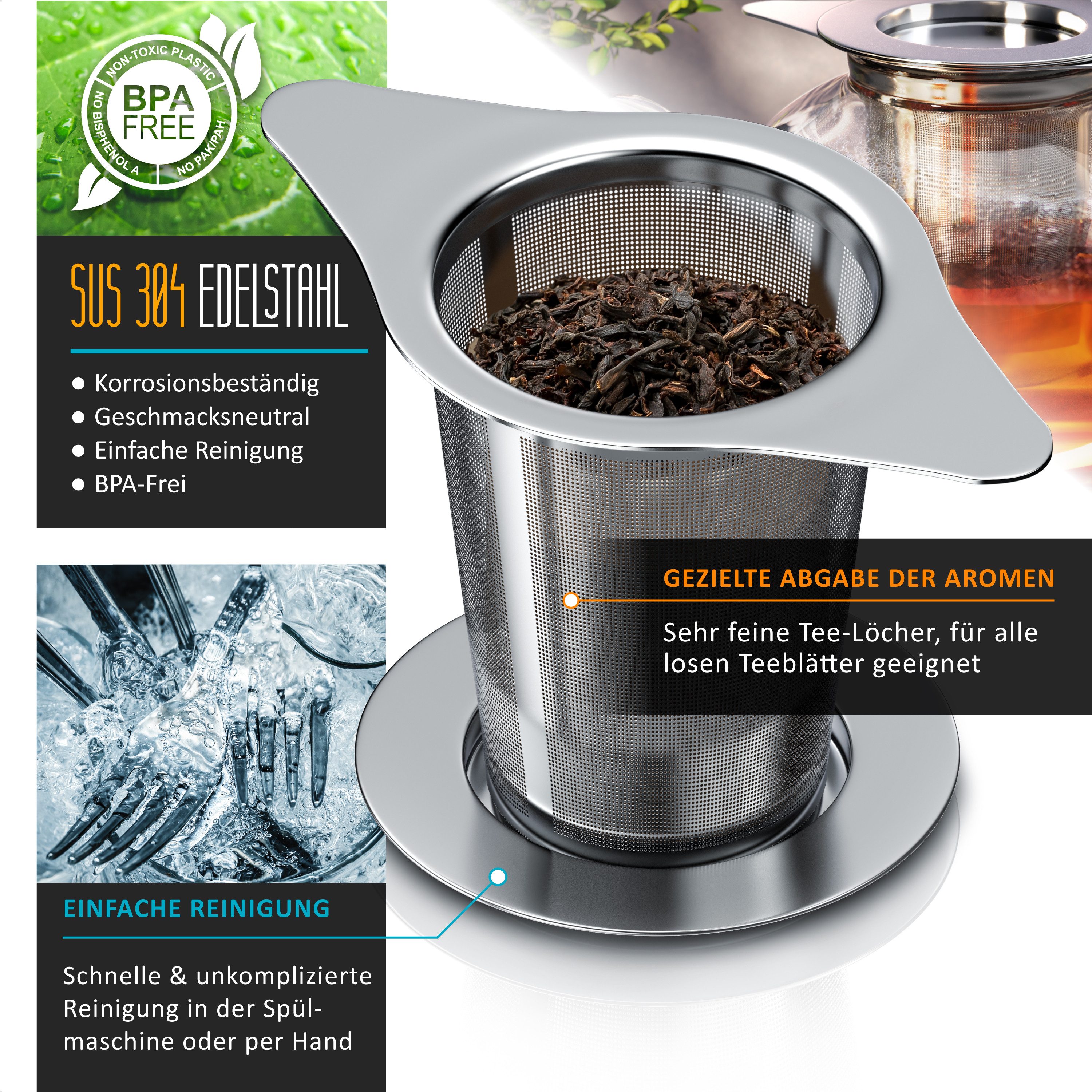Arendo Teesieb aus Edelstahl, Doppelgriff & Multifunktionsdeckel, für Kannen & Tassen, Edelstahl 304, Teefilter, Kräutersieb für Tee, Gewürze, Kräuter, Teeblätter, Kaffee
