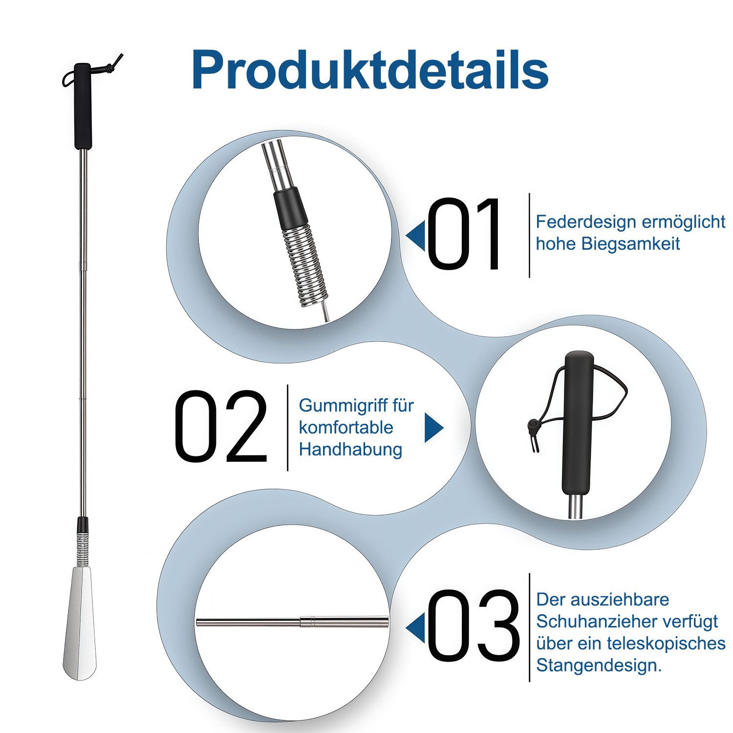MOPUEA Schuhlöffel Schuhanzieher mit langem Griff 41cm bis78cm verstellbarer Expander (Set, 2-tlg., Einstellbare Länge für jeden Benutzer), Praktische Aufbewahr – Bild 2 von 5