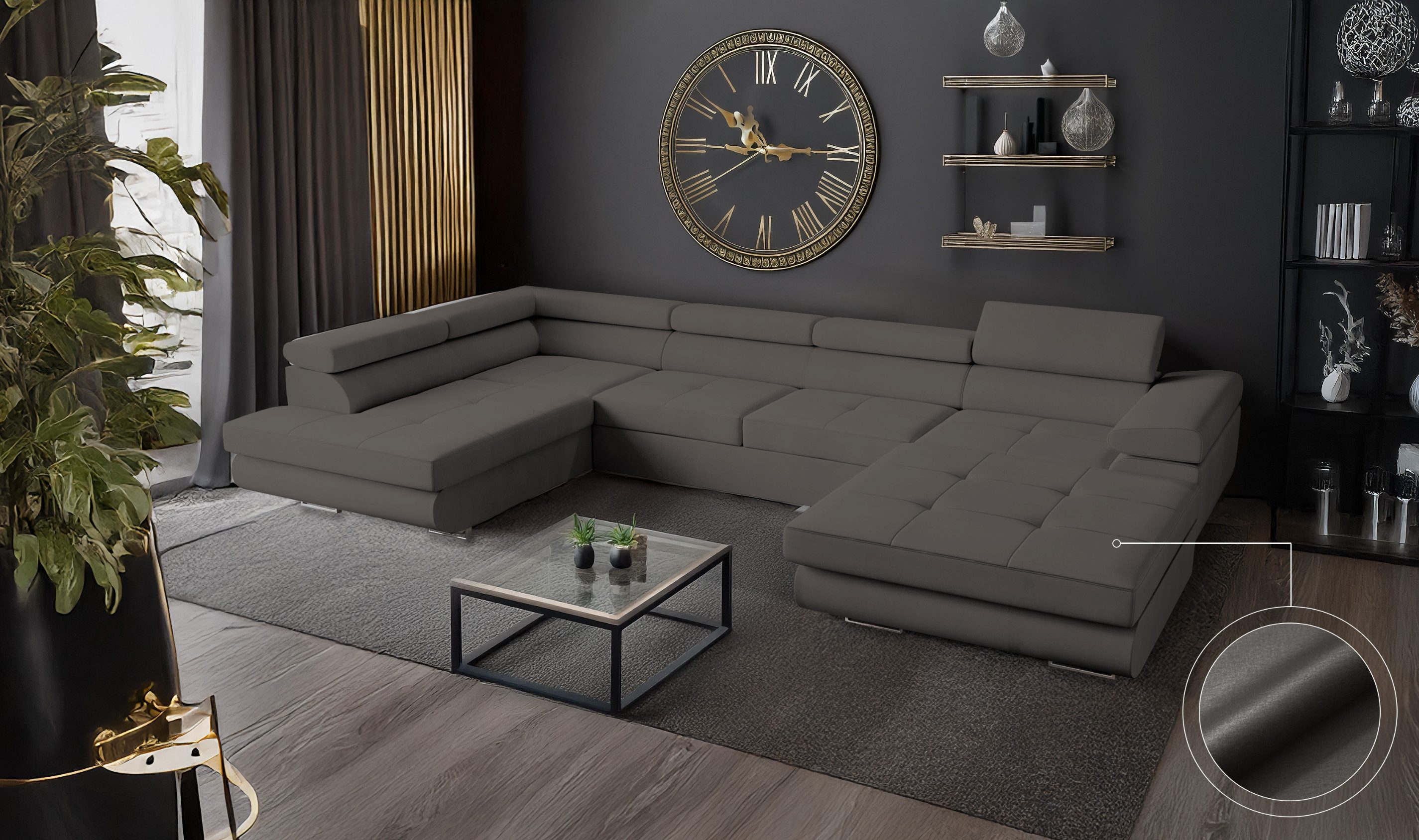 Goldstoff Wohnlandschaft mit Schlaffunktion, Couch für Wohnzimmer - Schlafs günstig online kaufen