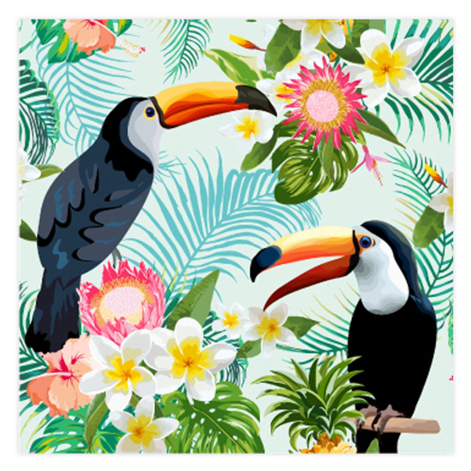 Macosa Home Papierserviette Set 40 Stk. 25 x 25 cm Motiv Tukan bunt Papier Servietten, (Tiere Blumen grün, 40 St., Partyservietten Sommer Dschungel), Tischdeko Einwegservietten Cocktailservietten