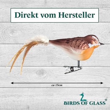 Birds of Glass Christbaumschmuck Glasvogel Braunkehlchen mit Naturfeder, mundgeblasen, handdekoriert, aus eigener Herstellung