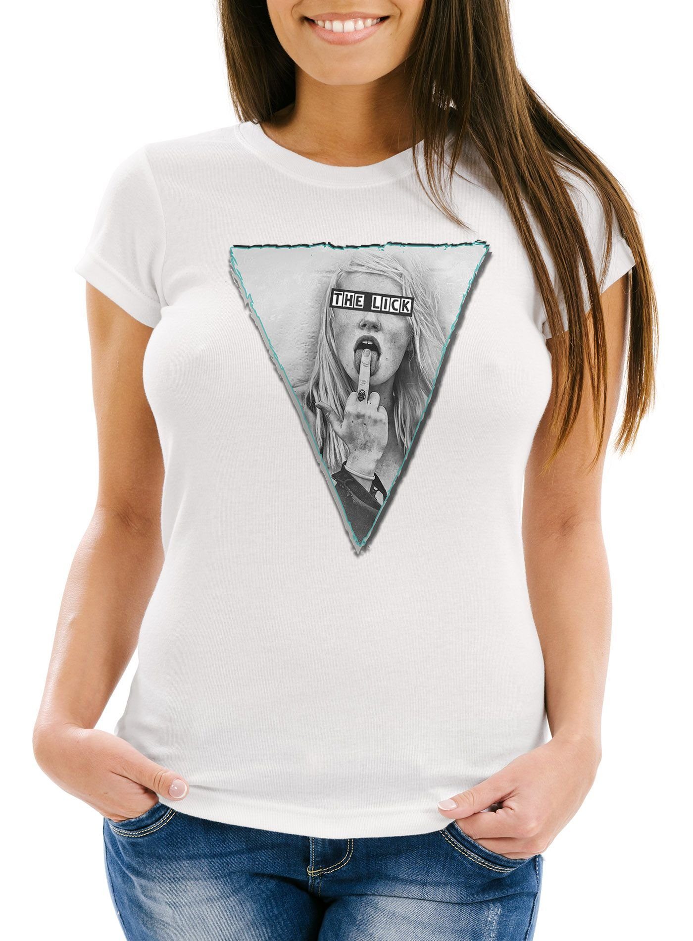 Neverless Print-Shirt Damen T-Shirt mit Frau die Mittelfinger zeigt The Lick Fuck Off mit Print