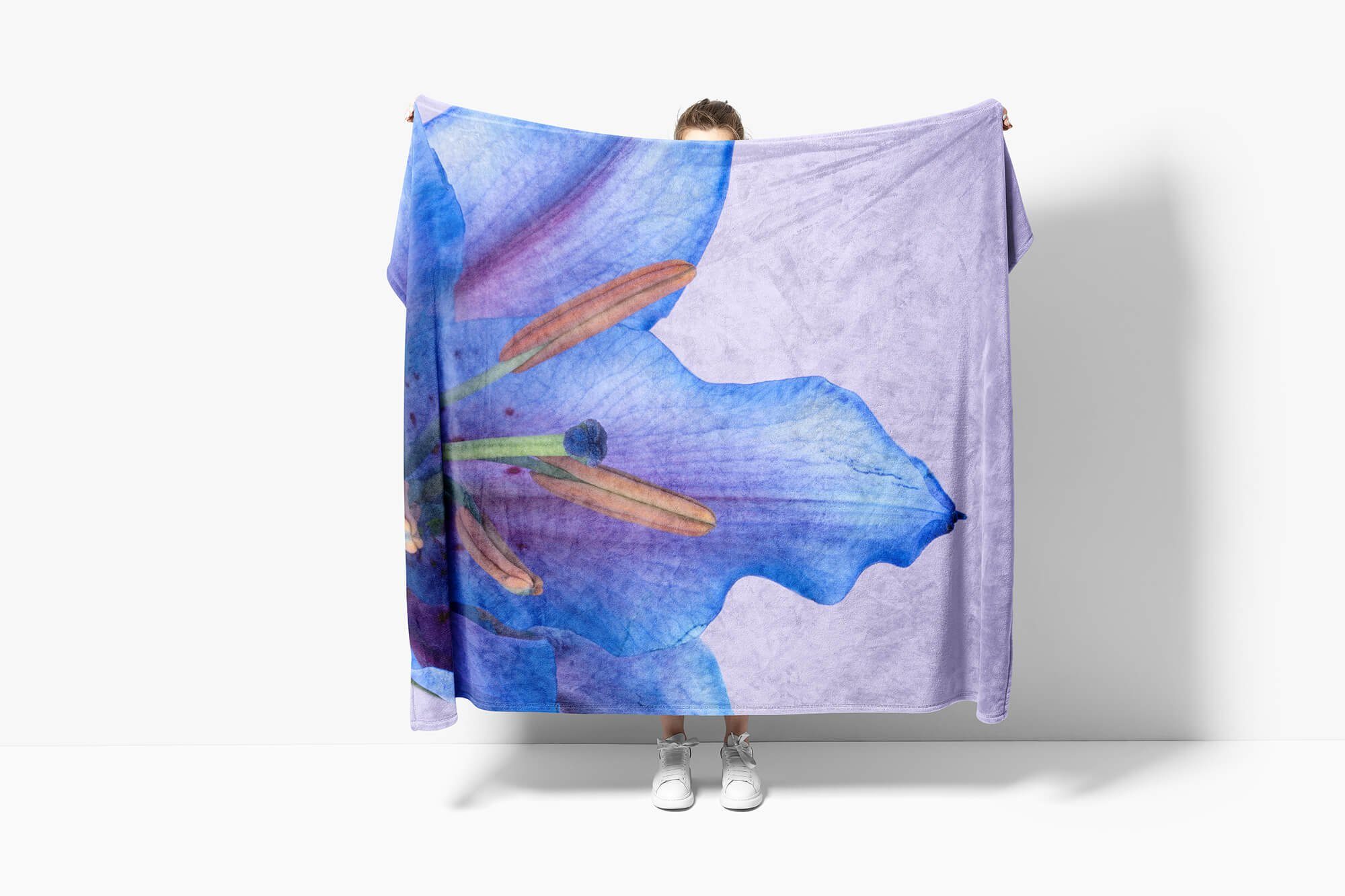 Art Strandhandtuch (1-St), Blaue Baumwolle-Polyester-Mix Saunatuch Kuscheldecke Handtuch Blüte Nahauf, mit Handtuch Fotomotiv Handtücher Sinus