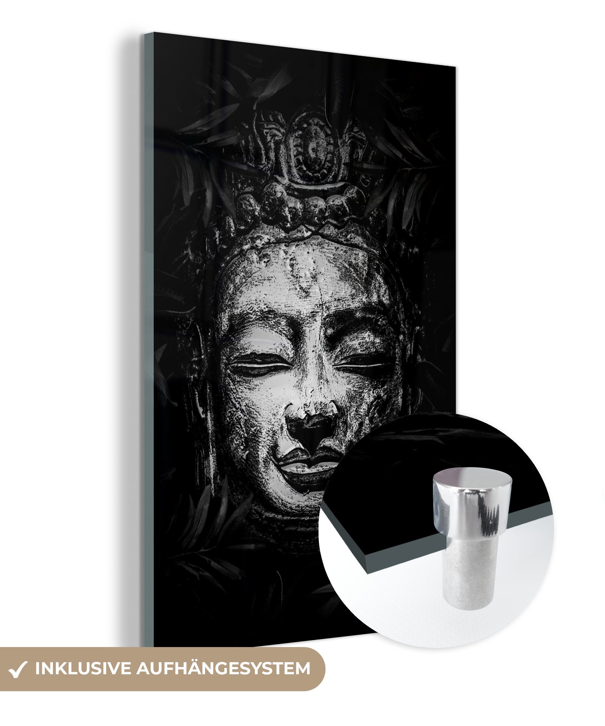 MuchoWow Acrylglasbild Rauher Kopf eines Buddhas mit tropischen Blättern drum herum - schwarz, (1 St), Glasbilder - Bilder auf Glas Wandbild - Foto auf Glas - Wanddekoration bunt