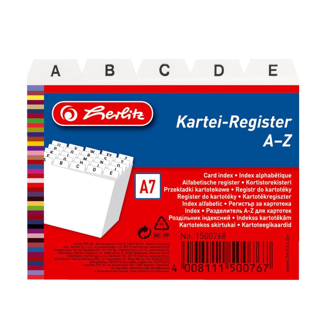Herlitz Aktenordner Herlitz Karteikarten Register A-Z / Karteiregister / PP / DIN A7 / Far