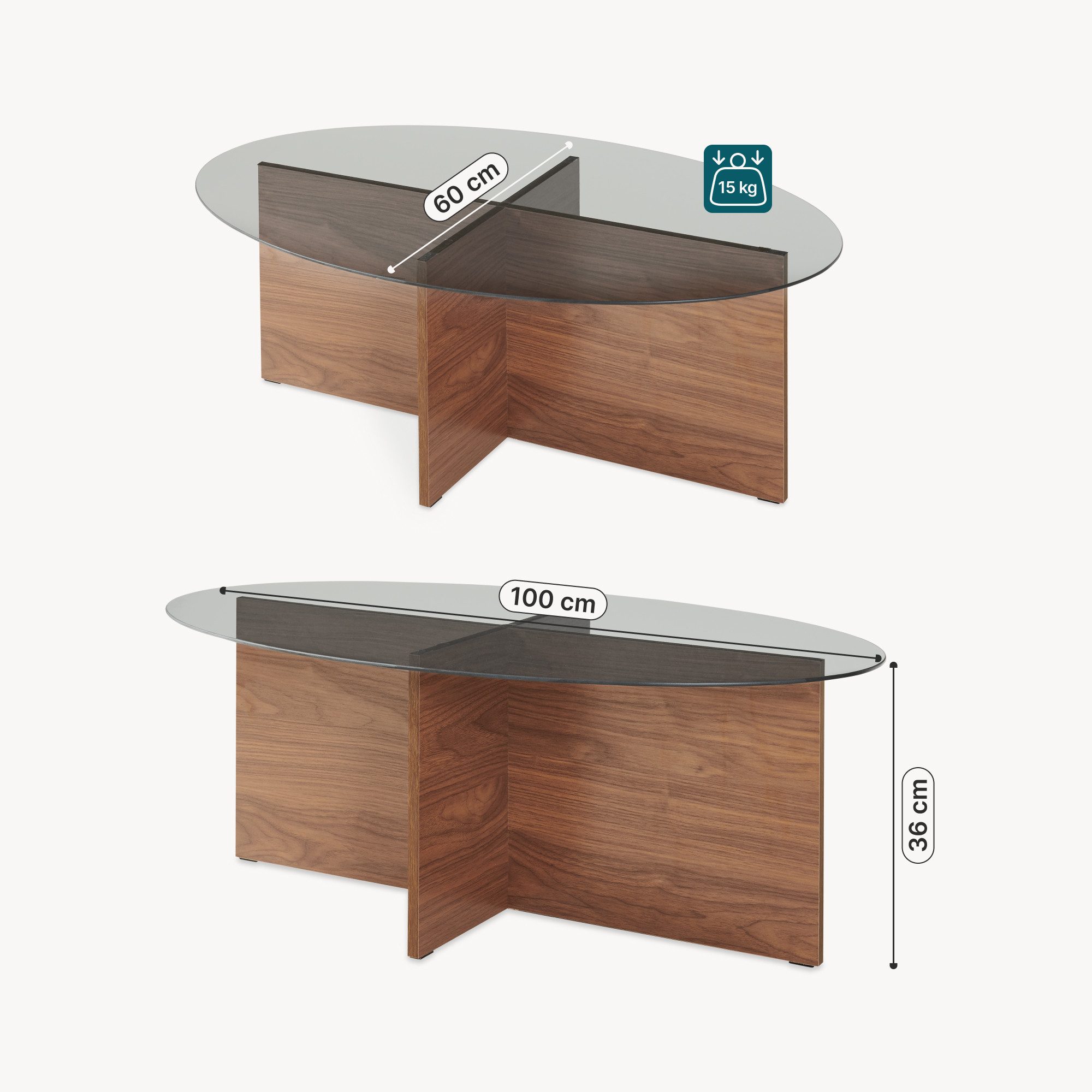 en.casa Couchtisch, »Viroya« 100 x 60 x 36 cm mit Glasplatte oval Walnussoptik/Grau