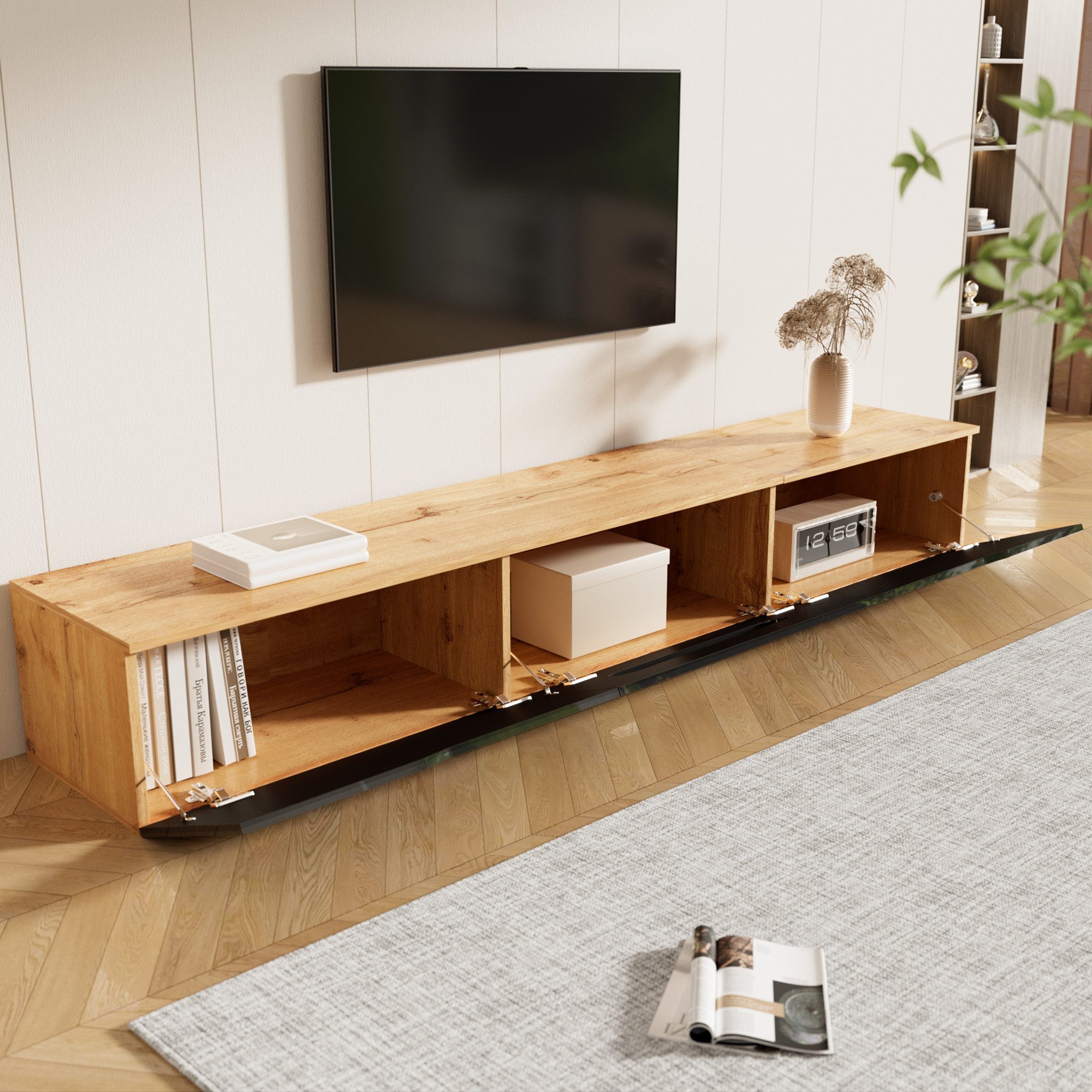 REDOM Lowboard TV-Board mit Hochglanzoberfläche (TV-Glasschrank, Fernsehtisch,TV-Ständer, TV-Panel, 1 St., wandmontierbar oder bodenmontierbar), mit 16-farbiger LED-Beleuchtung