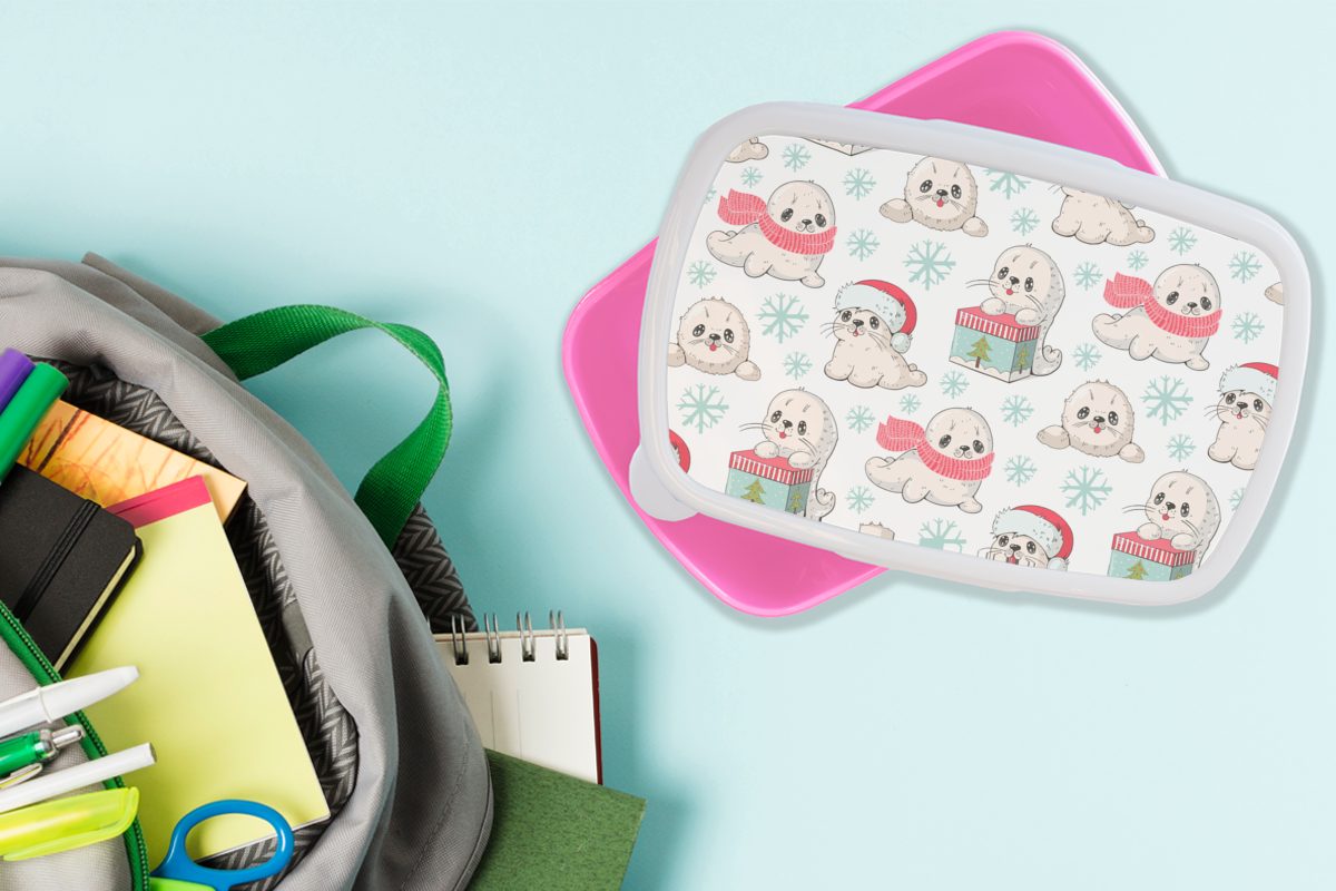Muster, - Weihnachten Robben Mädchen, Brotdose Kinder Erwachsene, (2-tlg), MuchoWow - - Snackbox, Kunststoff, Kunststoff Brotbox Lunchbox für Kinder, rosa