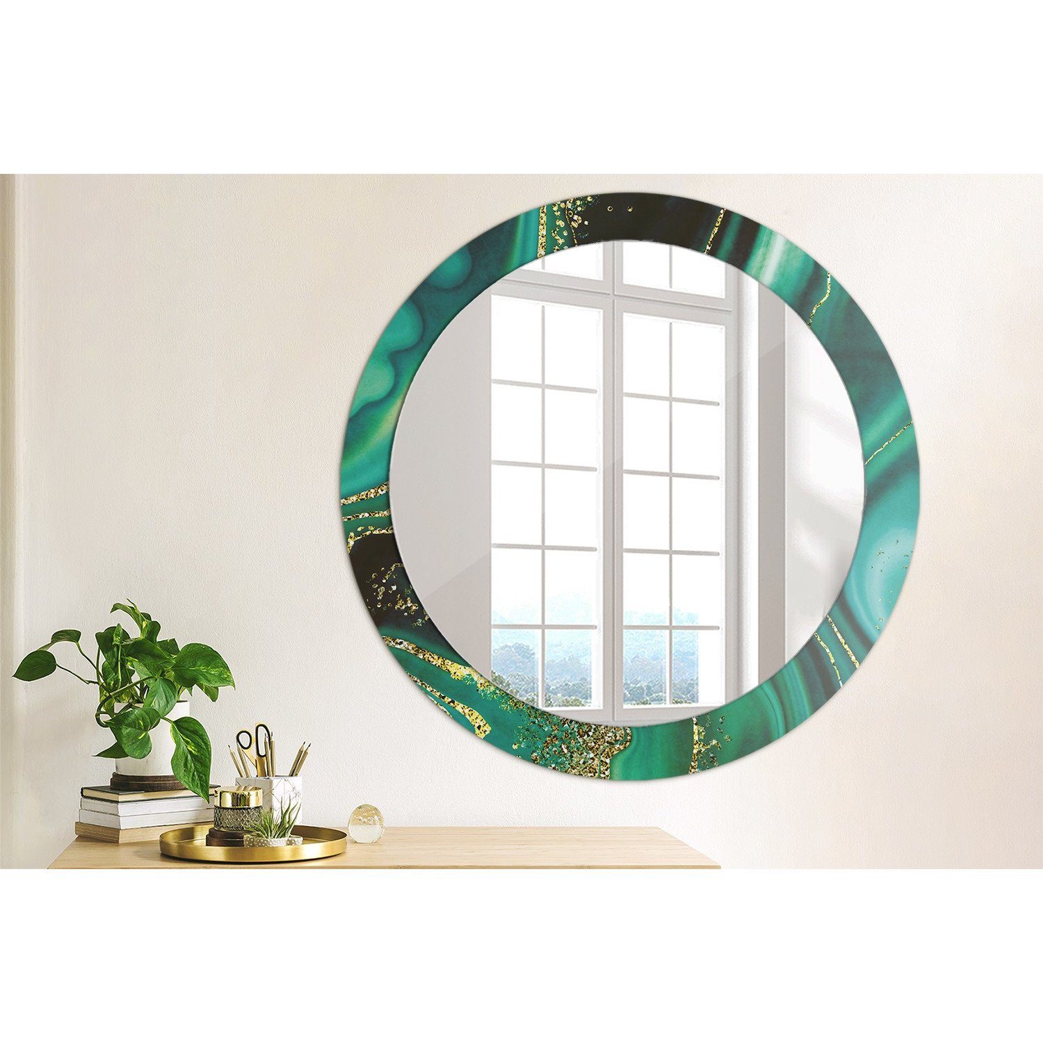 Tulup Badspiegel Rund: Spiegel (Hängespiegel, Grün Aufdruck) mit Design Badspiegel Ø80cm Wandmontage Deko Rund mit Smaragd Aufdruck