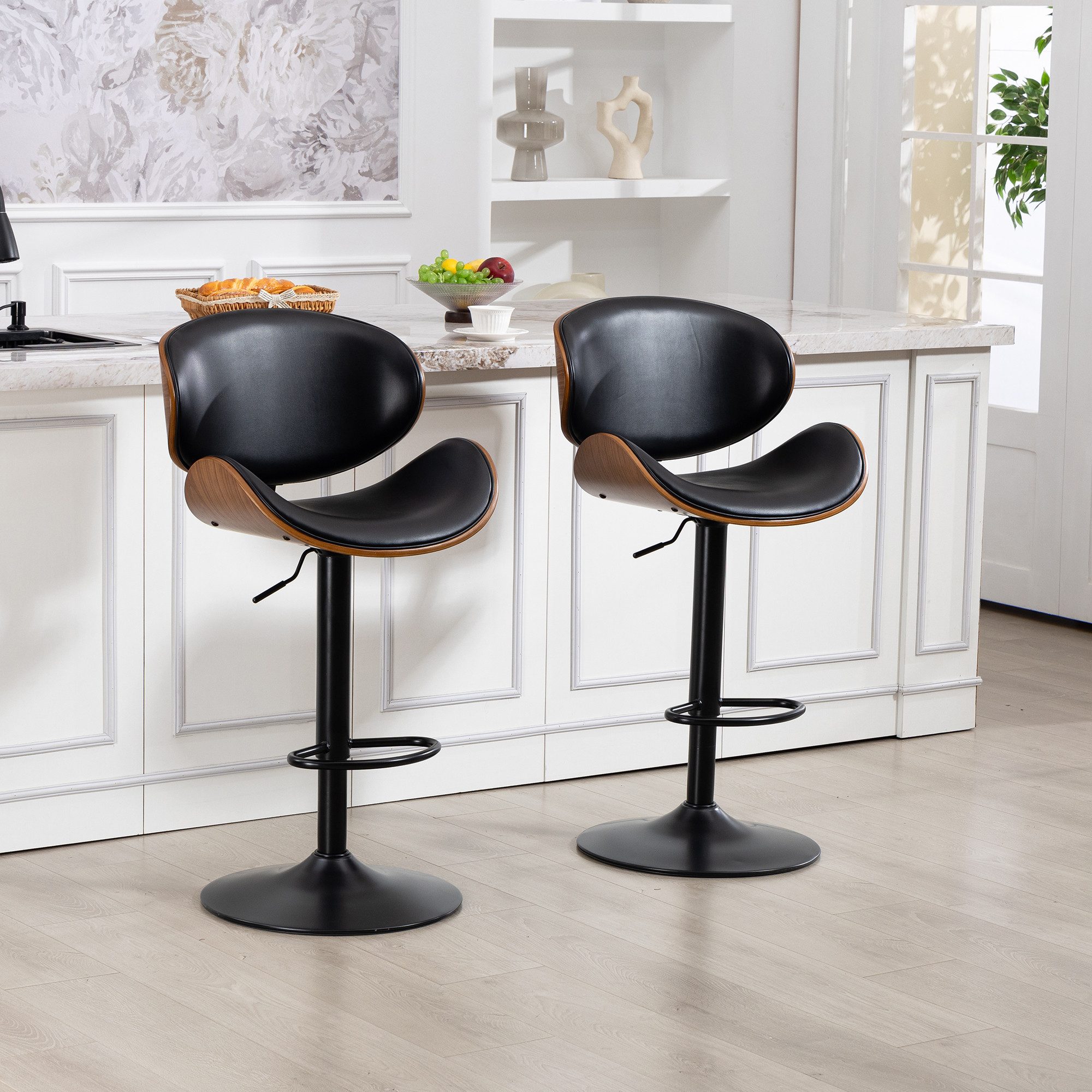MODFU Barhocker Höhenverstellbare Drehbar-Drehhocker im 2er-Set (Barstühle aus gebogenem Holz, mit ergonomischer Rückenlehne), Küchenstühle, kunstleder und Fußstütze