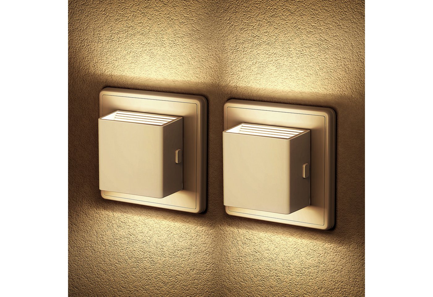 LOHAS-LED Nachtlicht Quadrat Stecknachtlicht 2er-Set, mit Auf-Ab-Licht, LED fest integriert, warmweiß, 3000K dimmbar mit Dämmerungssensor, für Flur Treppe Bad