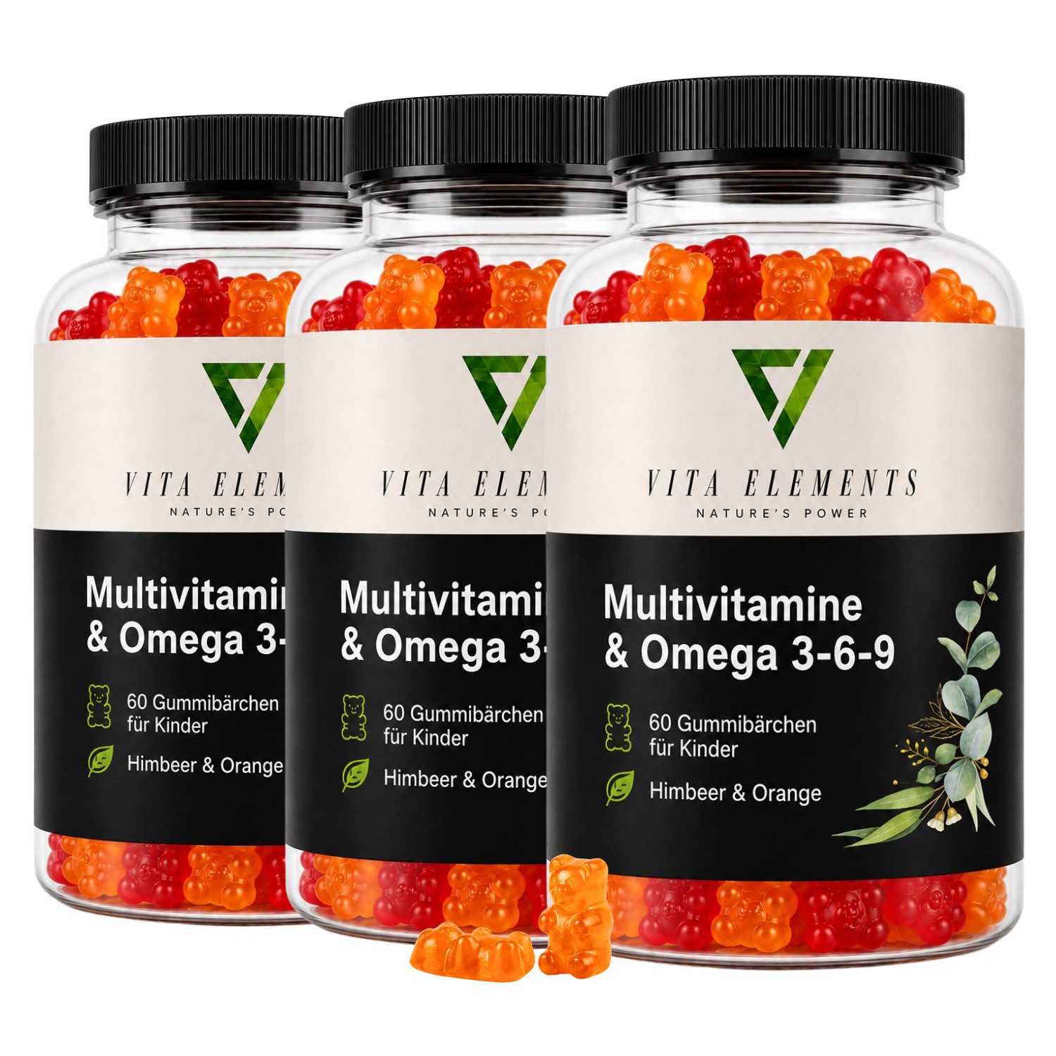 Vita Elements Multivitamin & Omega 3-6-9 Gummies - 15 Nährstoffe für Kinder, 180 Gummibärchen, 3 er Spar-Set à 60 St., Himbeer-Orange Geschmack, Hochdosiert, Laborgeprüft in Deutschland
