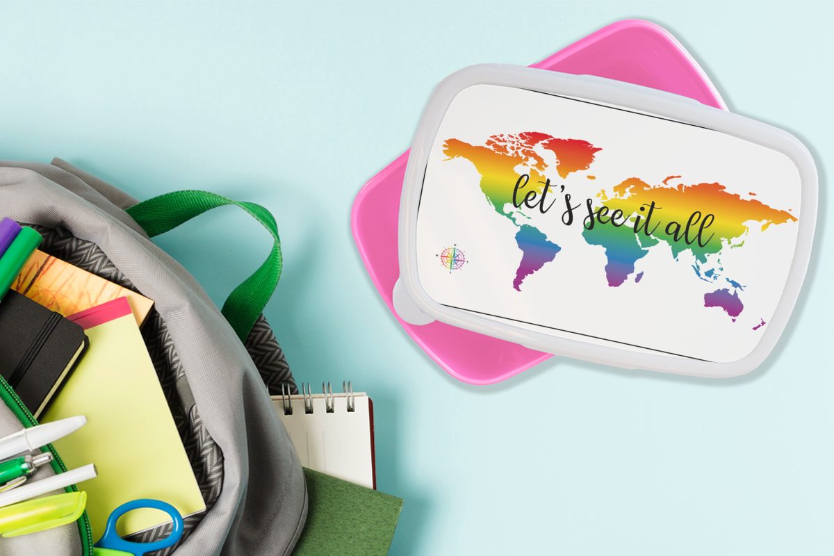 MuchoWow Lunchbox Weltkarte - Regenbogen (2-tlg), rosa - Kompass, Kinder, Mädchen, Snackbox, für Erwachsene, Kunststoff, Brotbox Kunststoff Brotdose