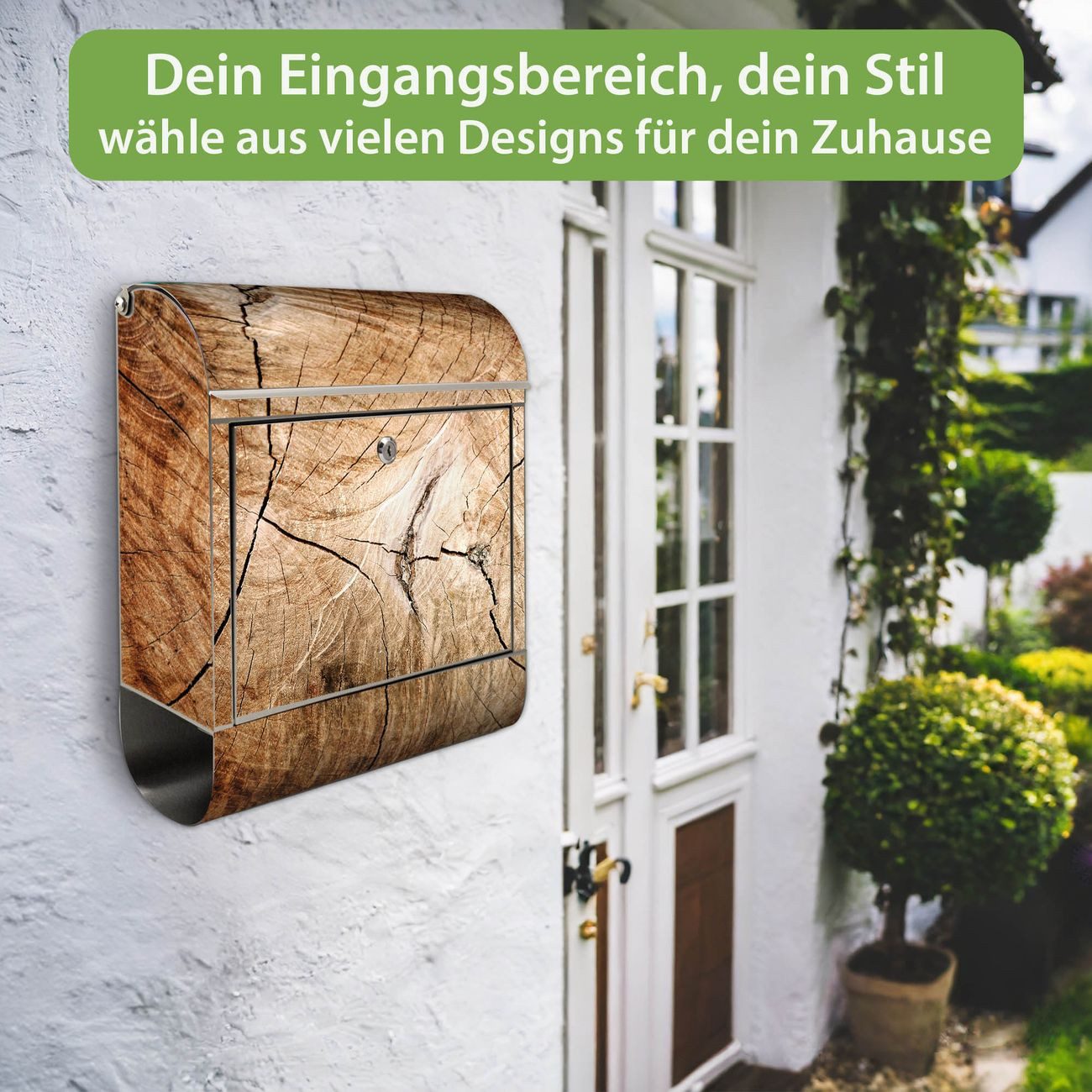 banjado Wandbriefkasten Edelstahl mit Motiv Getrocknetes Holz (Wandbriefkasten groß, mit Zeitungsfach), 38 x 42,5 x12 cm
