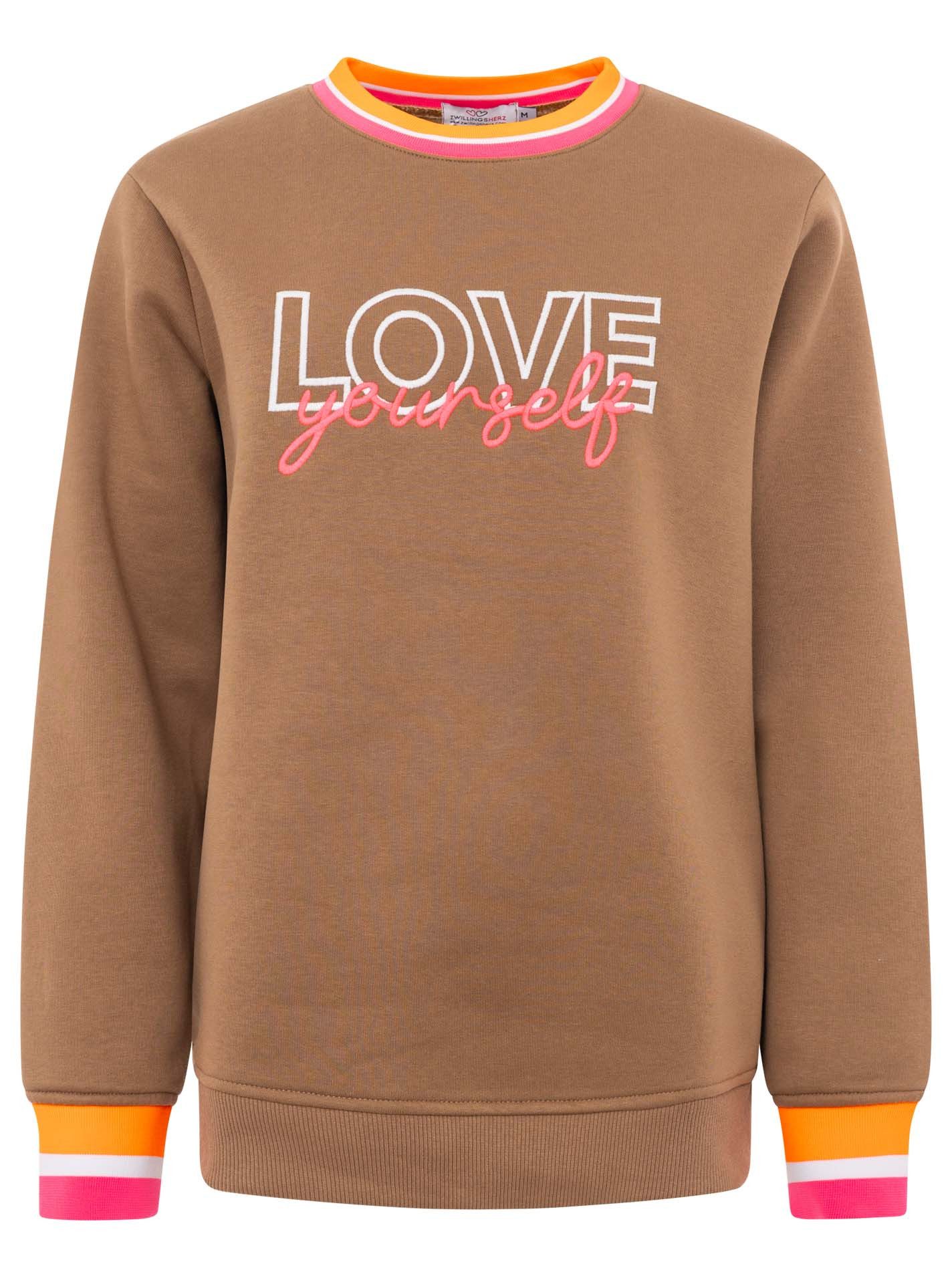 Zwillingsherz Hoodie "Love Yourself" Rundhals, gestreifte Neon-Bündchen, gestickter Schriftzug