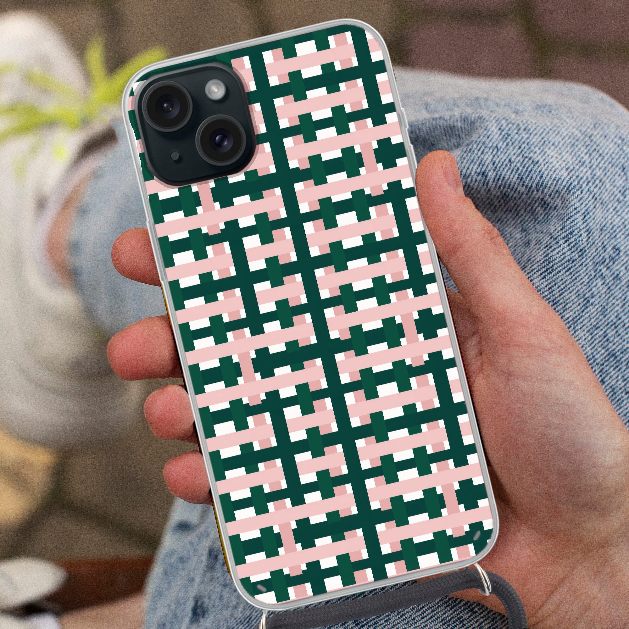MuchoWow Handyhülle für Apple iPhone 15 Plus Zopfmuster - Grün - Rosa - Grafik, Tragbare Handyhüllen mit Kette zum umhängen, Handykette Handyband