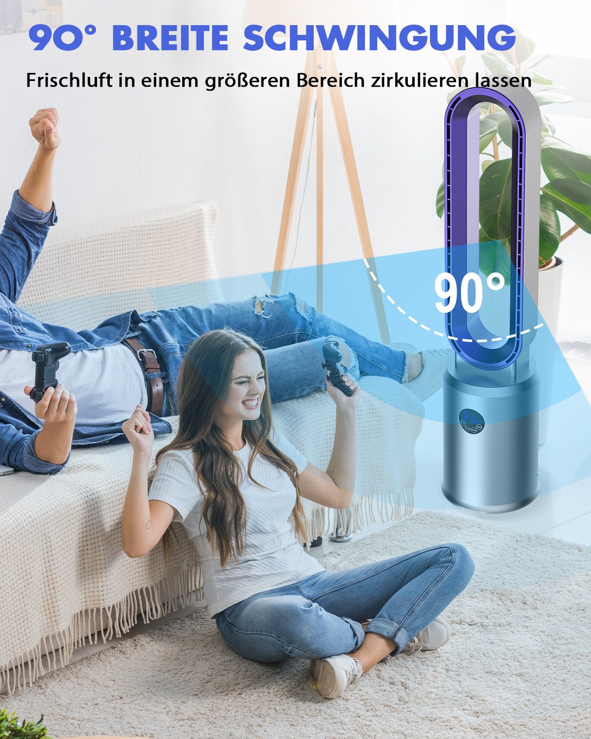 Rebonique Turmventilator Rotorlos Ventilator mit Luftreiniger sehr Leise 24 Stufen 12H Timer, Oszillierend LED-Anzeige Tower-Ventilator mit Fernbedienung