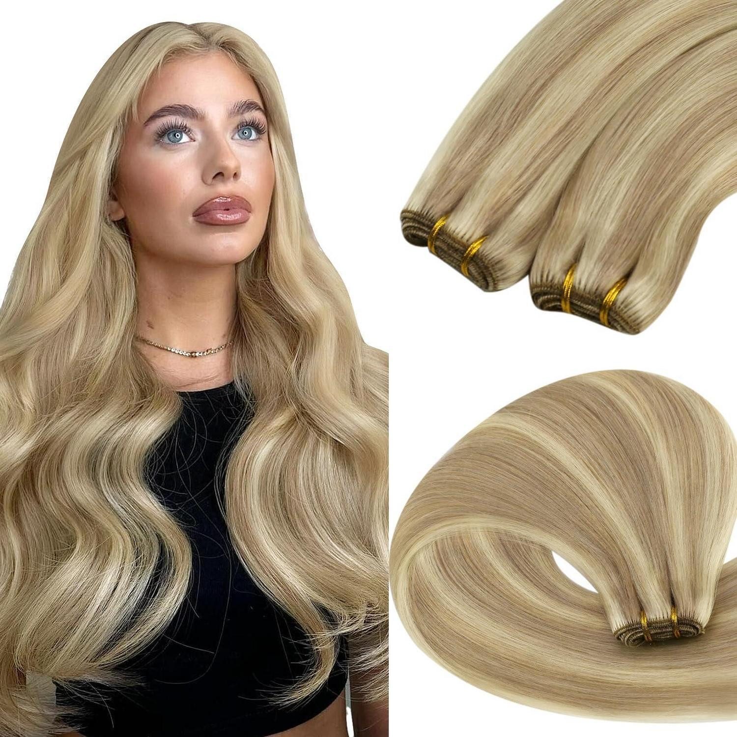 LuxusKollektion Echthaar-Extension Haartressen Echthaar Blond Goldblond Highlights 2-Weft-2-#16 22 60 cm