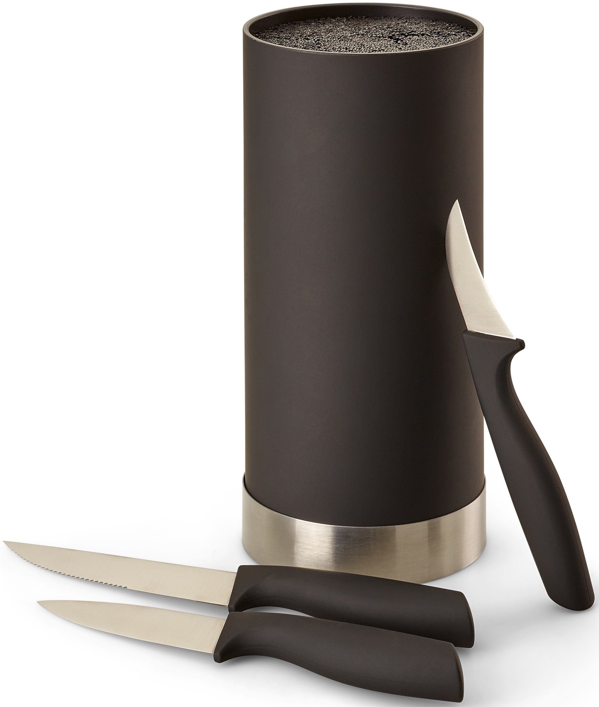ECHTWERK Messerblock, Messer Set 4tlg mit Borsteneinsatz 11 cm x 22 cm, inkl. 3 Kochmessern schwarz/silberfarben