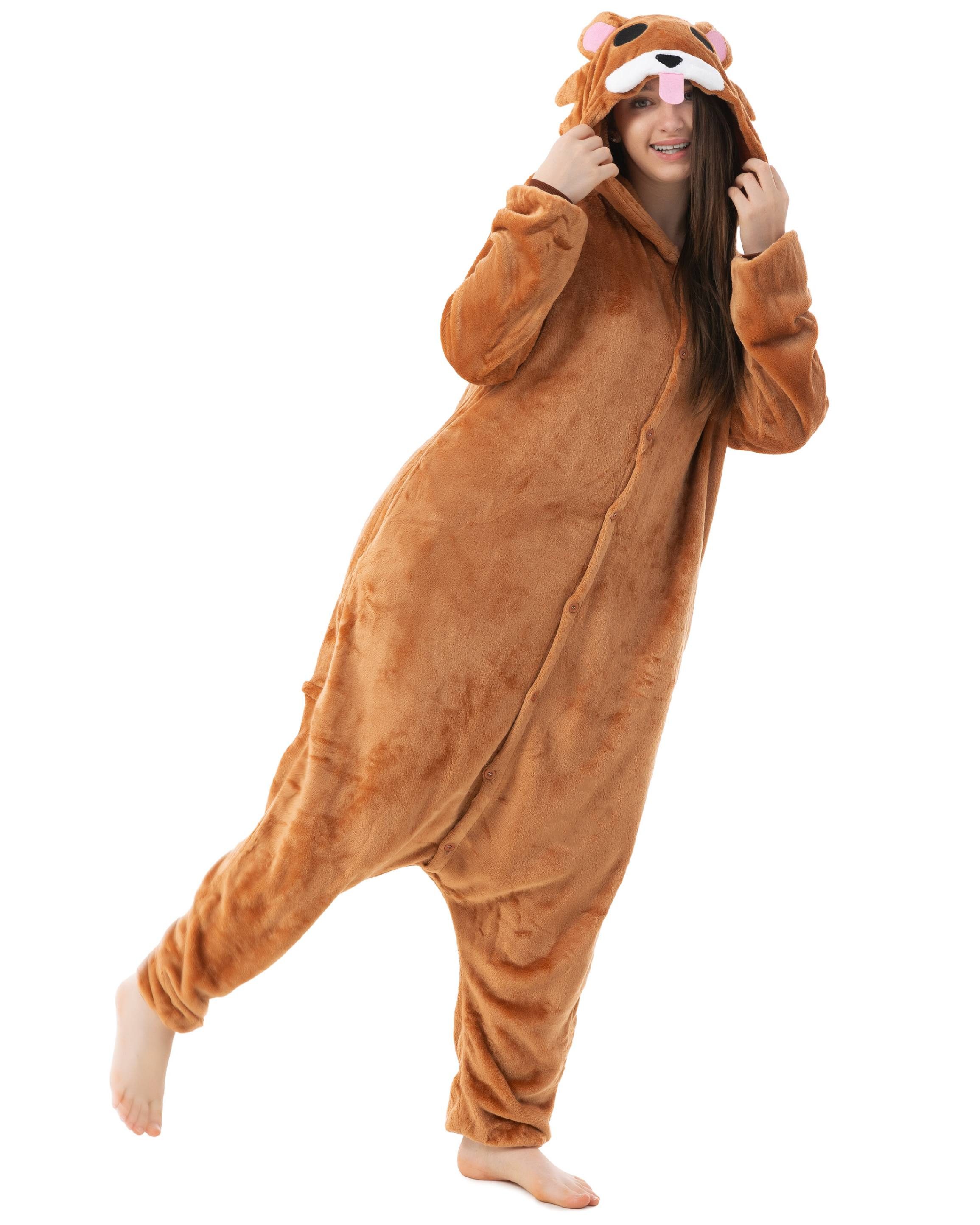 Katara Partyanzug Waldtiere Jumpsuit Kostüm Overall Erwachsene S-XL, Karneval - Kostüm, Kigurumi - Bär Braun Fleece L (165-175cm)