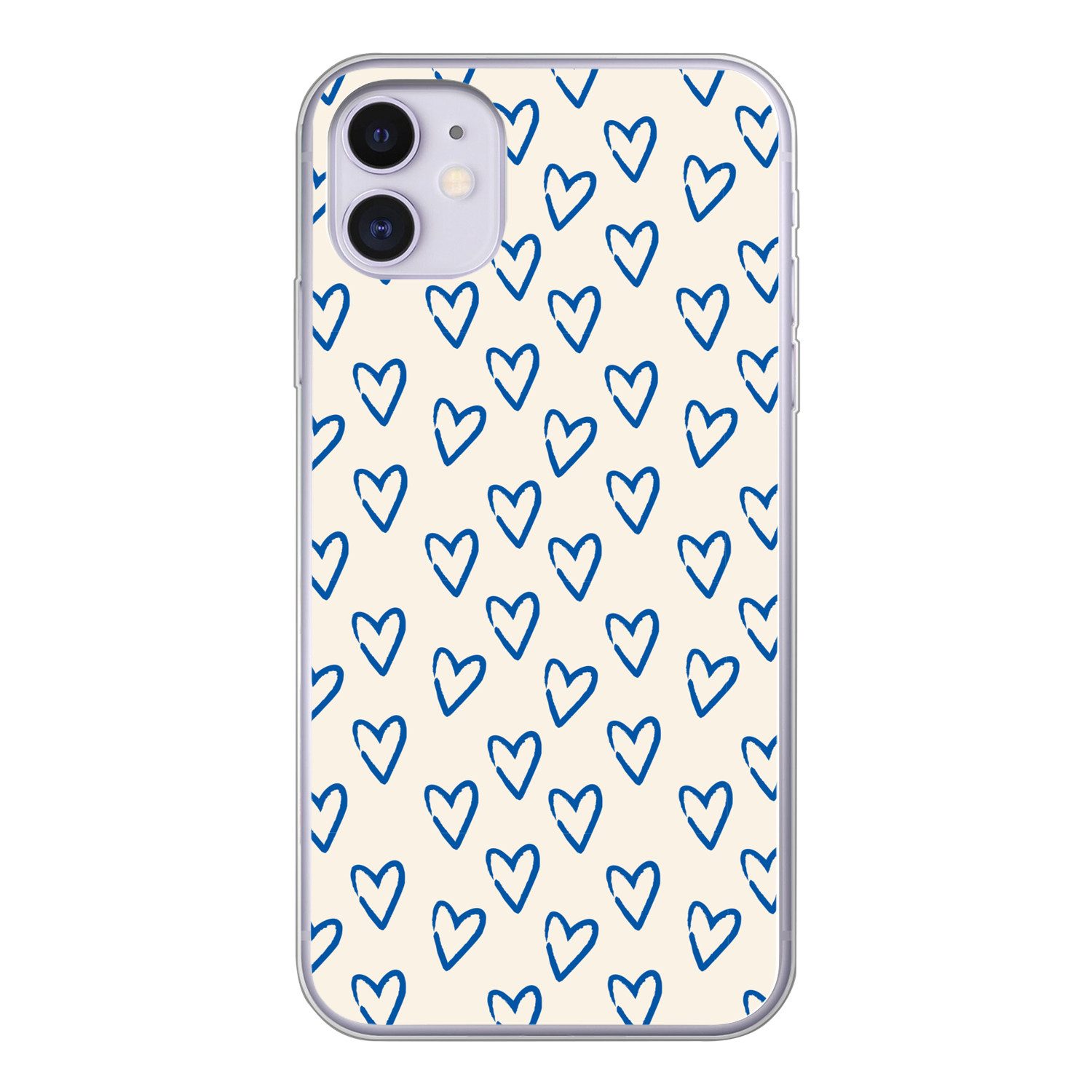 MuchoWow Handyhülle für Apple iPhone 11 Herzmuster - Blau - Beige - Liebe, Smartphone-Bumper, Print, Handy Schutzhülle Dünn