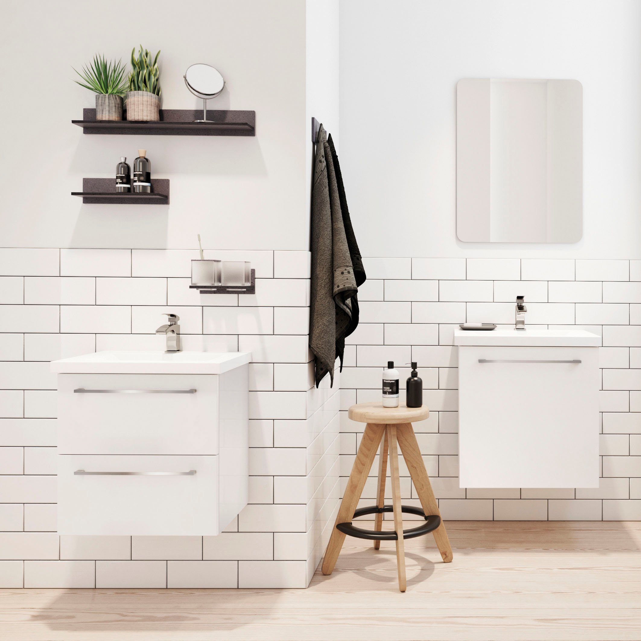 welltime Badezimmer-Set Scandic, (Komplett-Set, 2-St., 2-er set: Spiegel und Waschtisch mit 1 Tür), 2in1 - Spiegel & Waschtisch mit Soft-Close, Keramikwaschbecken