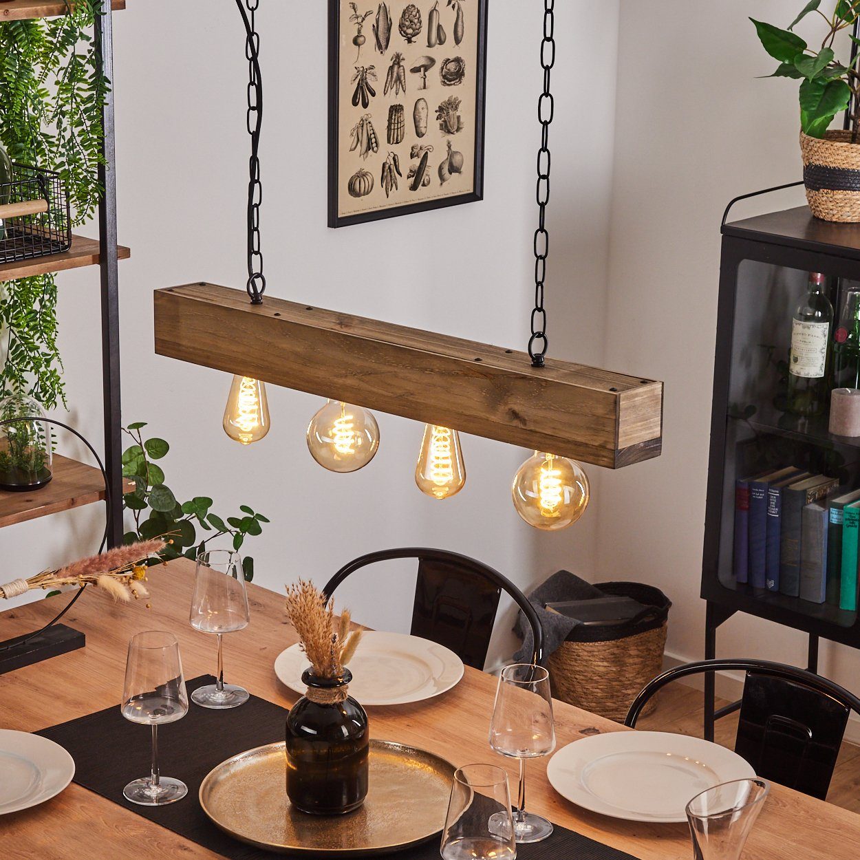 hofstein Pendelleuchte »Crova« längliche Hängelampe aus Metall/Holz in Schwarz/Dunkelbraun, ohne Leuchtmittel, moderne Leuchte mit Holzbalken, 4xE27