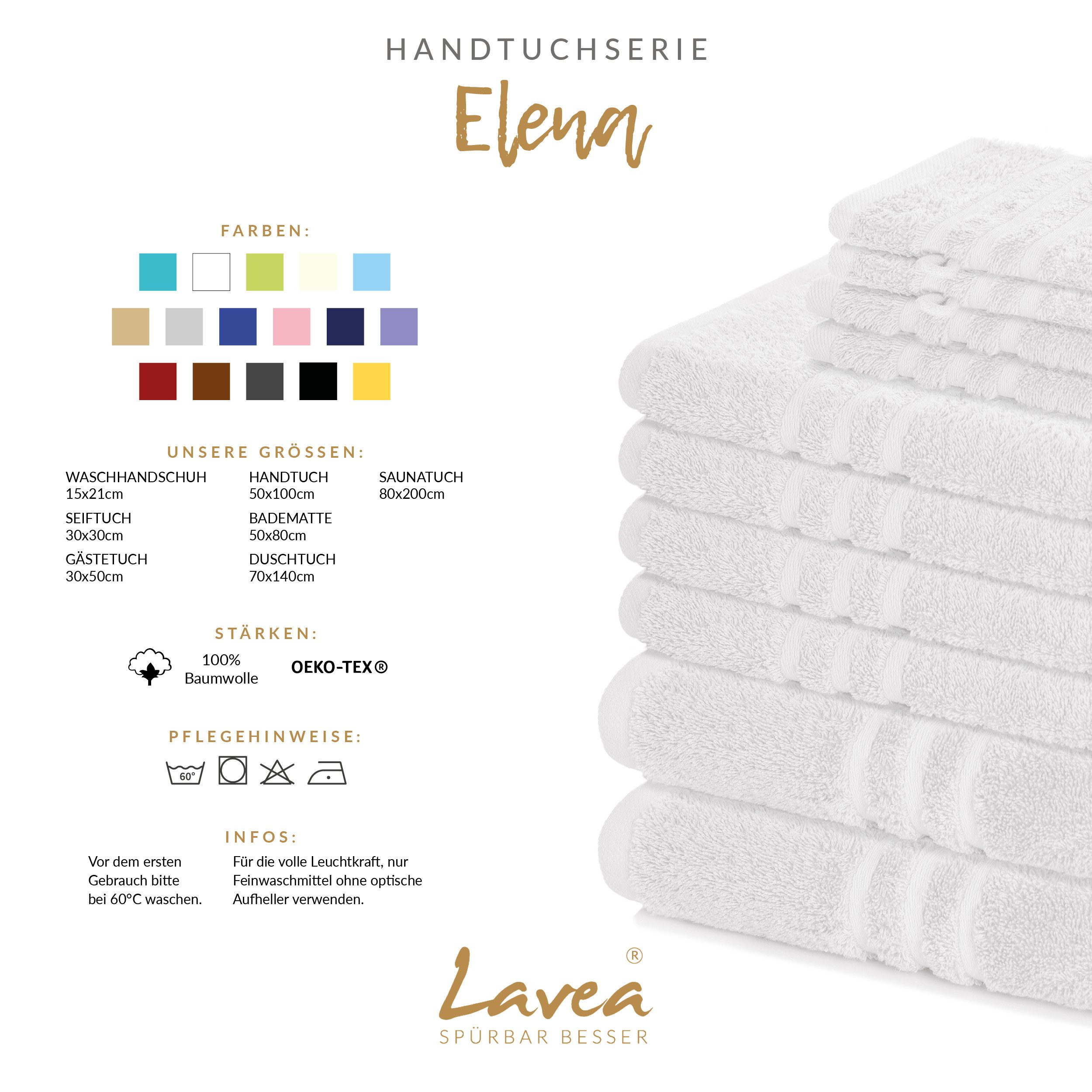Lavea Waschhandschuh 20er Set Waschhandschuhe, 15 x 21 cm, Elena-Frottierserie, Waschlappen, (20-St), 500 g/m² Frottier, weich & saugstark, pflegeleicht