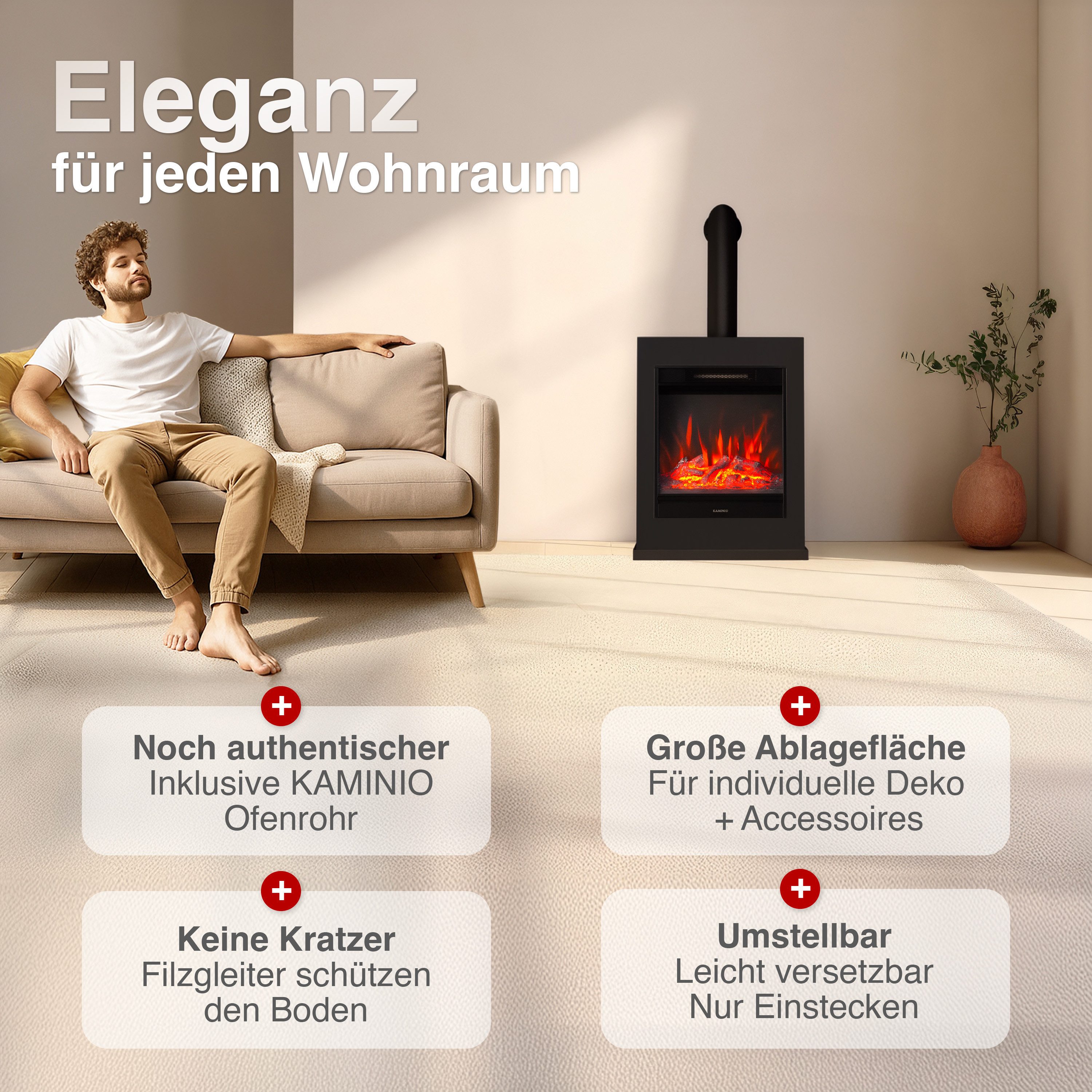 KAMINIO Elektrokamin KALLE, Elektrischer Kamin mit 3D-Flammeneffekt, Heizung 1800W