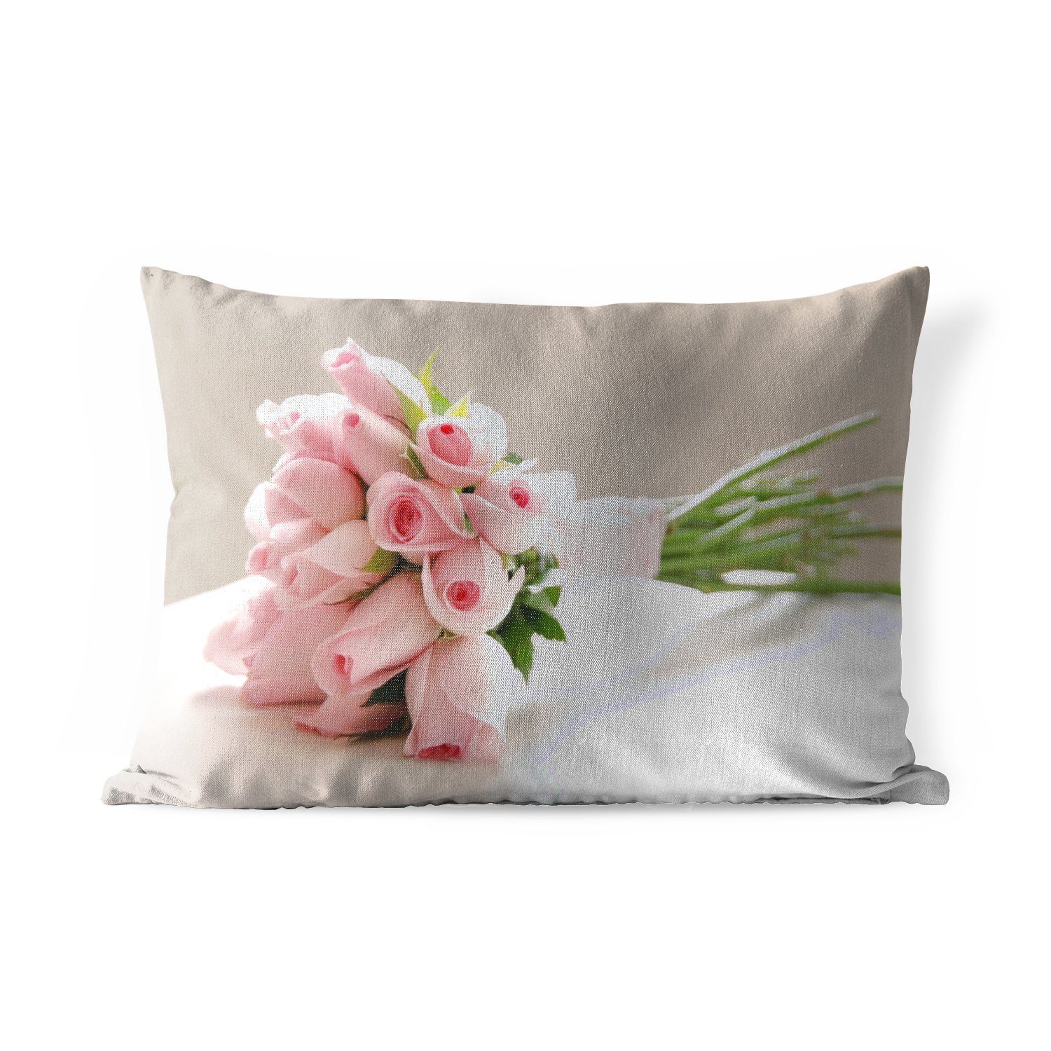 Kissenhülle Rosen weißen Outdoor-Dekorationskissen, Blumenstrauß einem auf Polyester, rosa Tisch, Ein Dekokissen Dekokissenbezug, MuchoWow aus