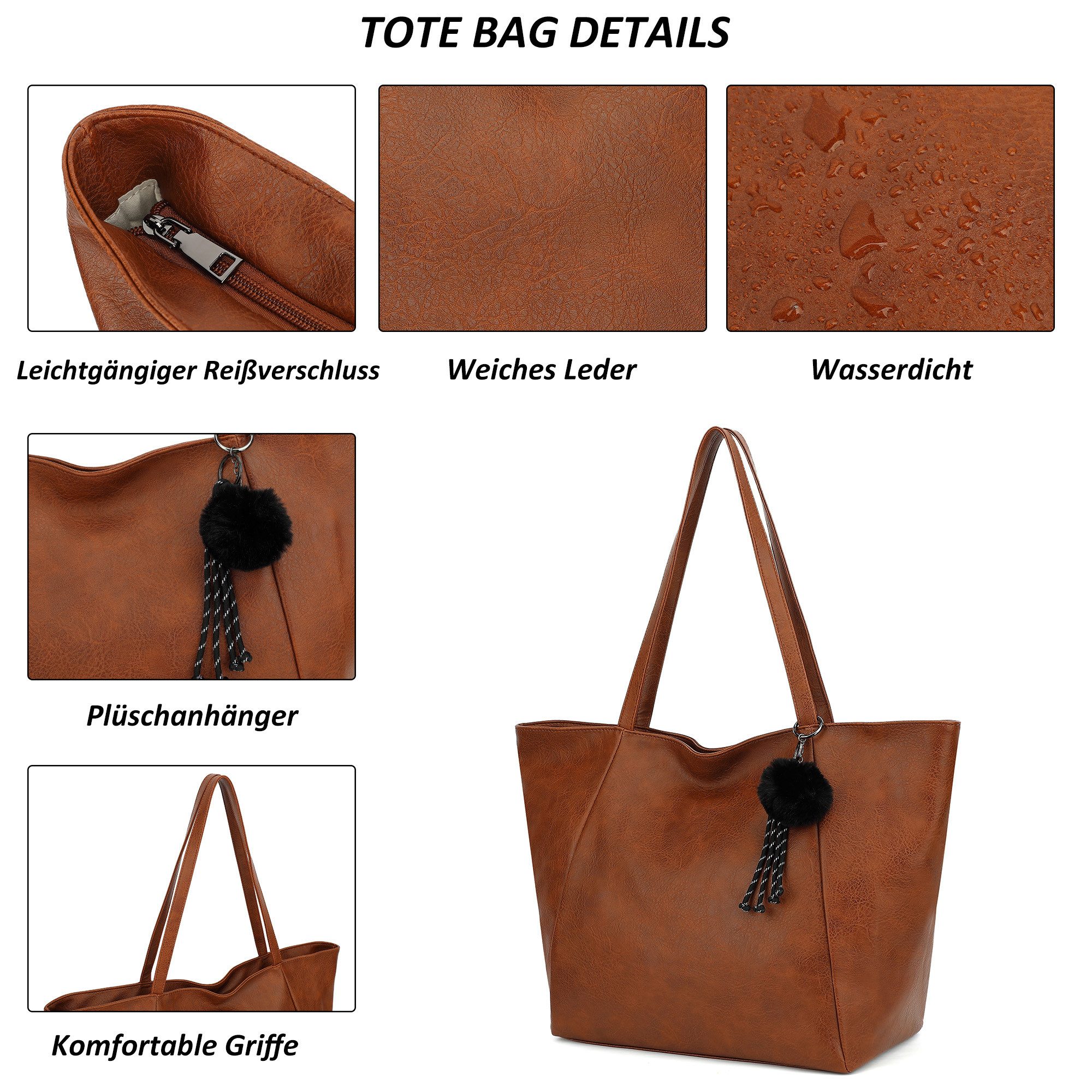 TAN.TOMI Schultertasche Umhängetasche Shopper Bag mit Reißverschluss, Mit Innentaschen, dekorative Anhänger für Arbeit Einkauf Reisen – Bild 5 von 5