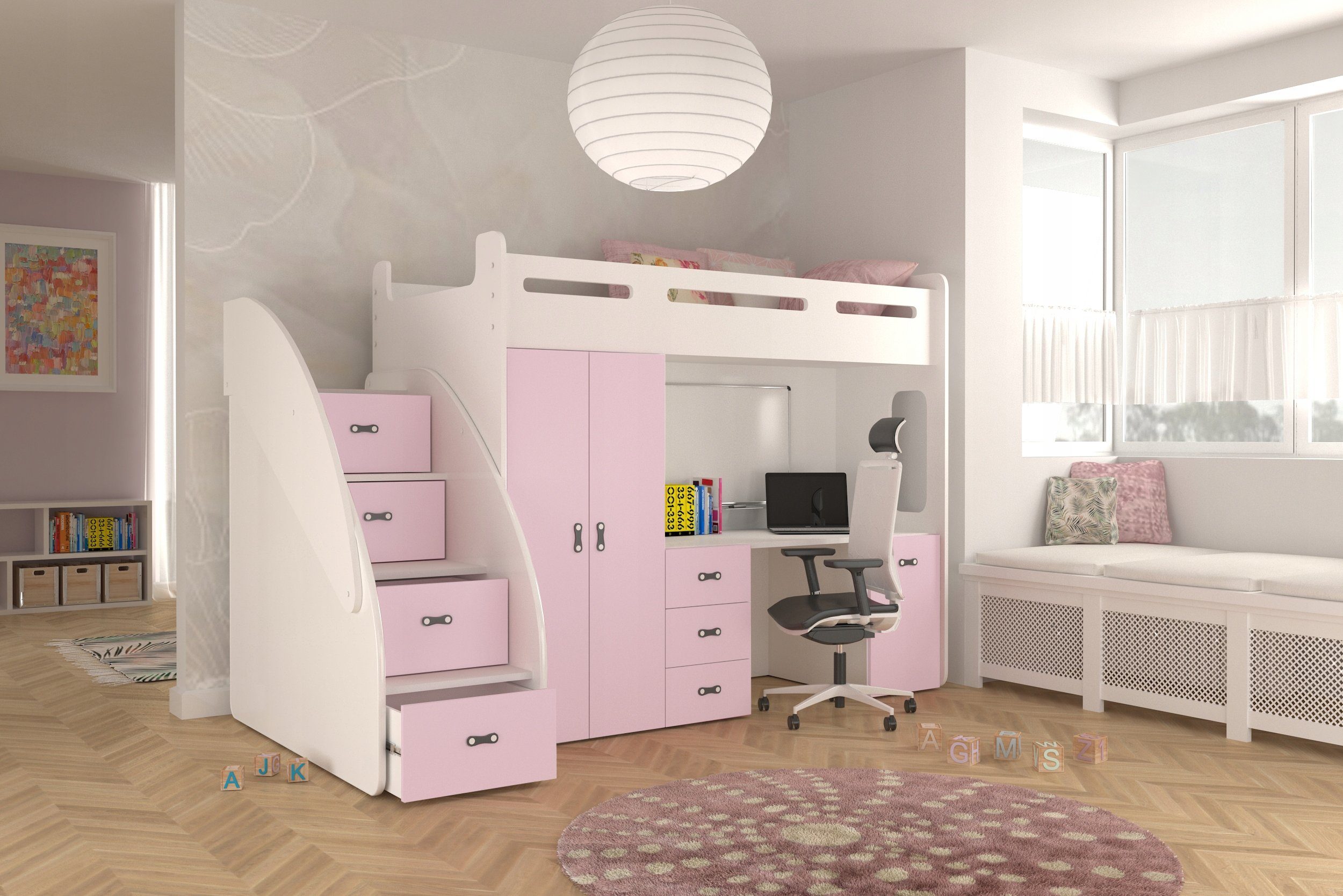 Unique Home Hochbett Hochbett ZU PL mit Matratze, Schreibtisch, Kleiderschrank Farbe wählbar Weiß/Rosa