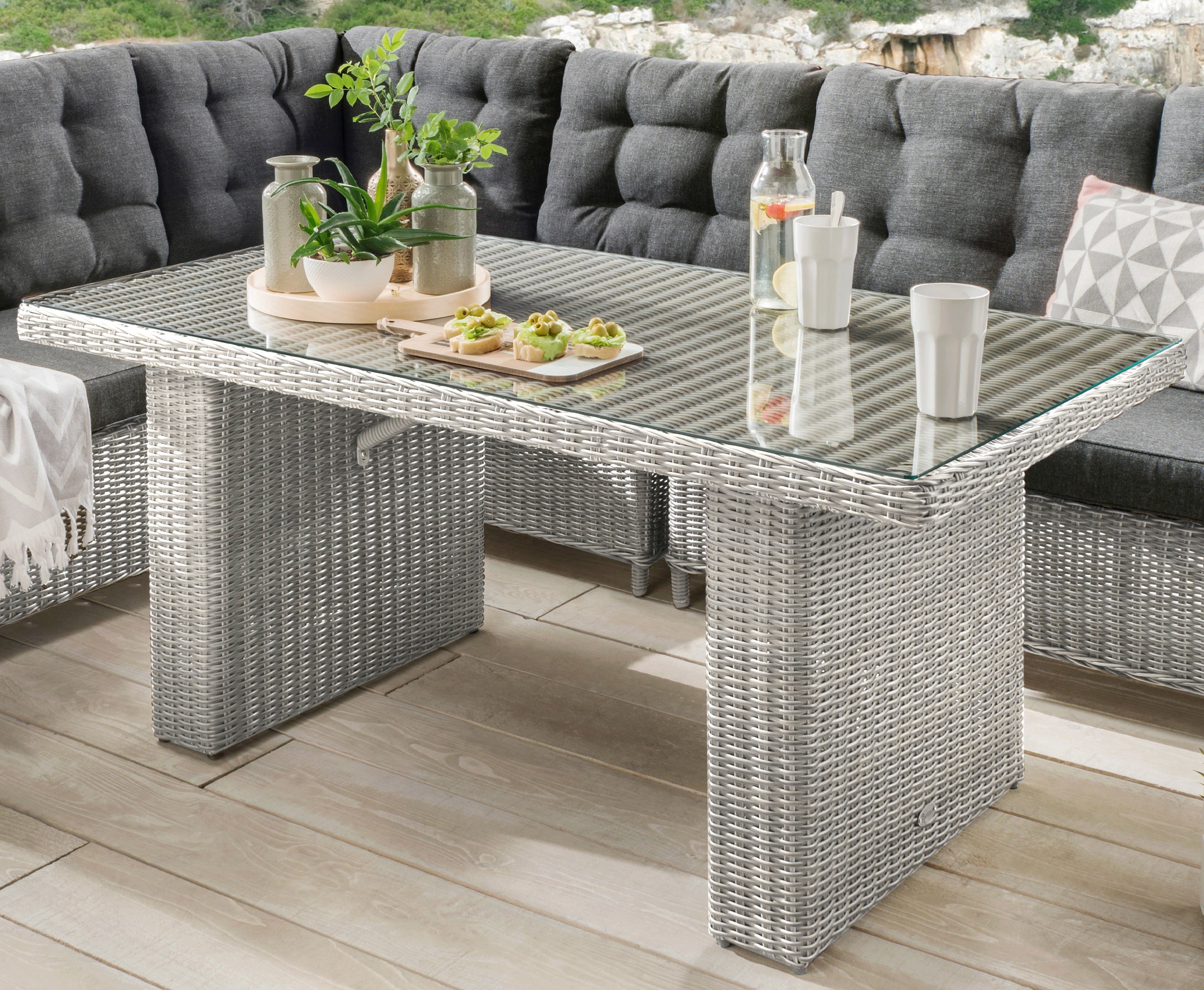 PALMA, Eckgruppe, 140x80x67cm, vintageweiß/anthrazit Polyrattan, Auflagen inkl. Destiny Tisch weiß/anthrazit Garten-Essgruppe | (Set, 19-tlg),