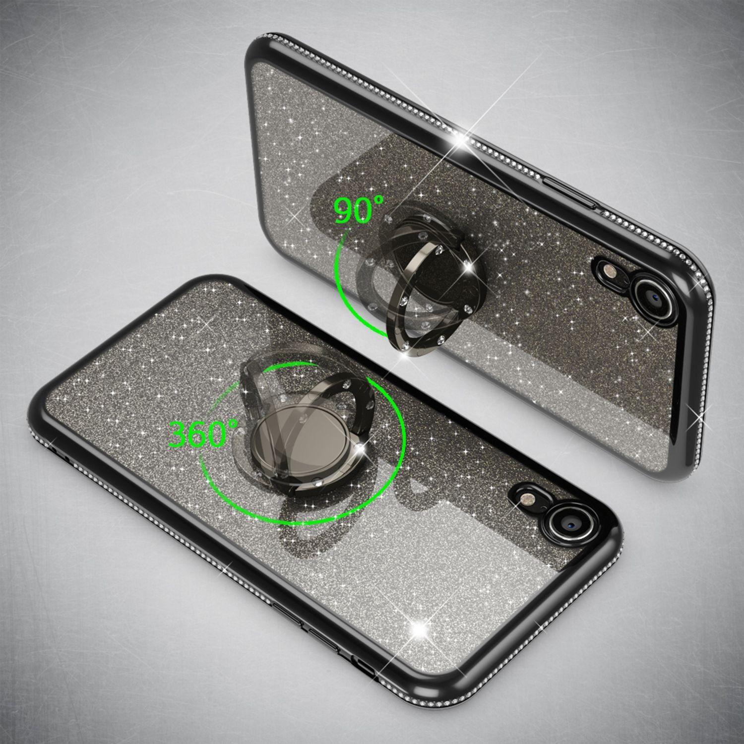 Nalia Smartphone-Hülle Apple iPhone XR 15,5 cm (6,1 Zoll), Glitzer Ring Silikon Hülle / 360 Grad Finger-Halter / Standfunktion