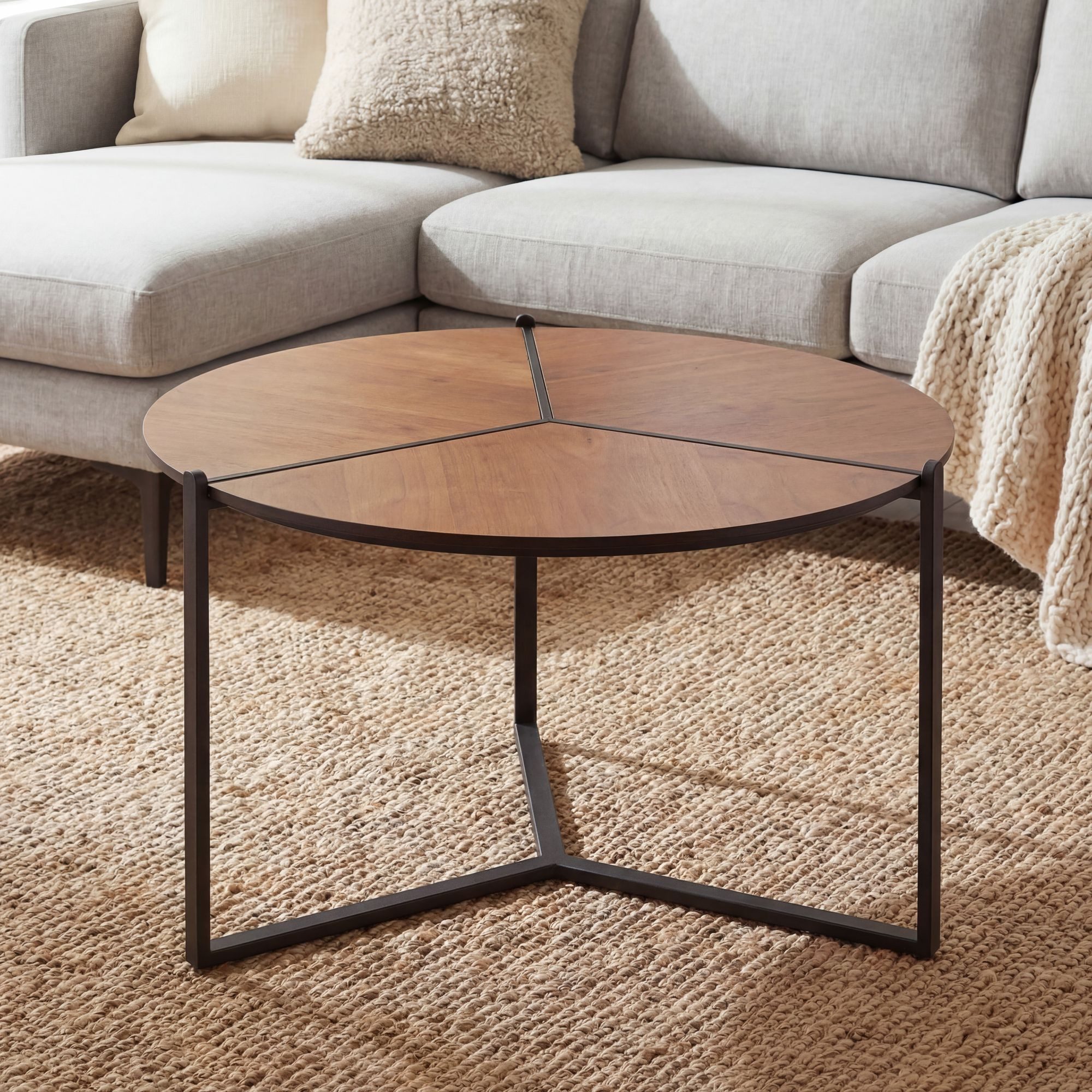 Wohnling Couchtisch WL7.651 Sofatisch 80cm MDF Holzoptik Wohnzimmertisch Beistelltisch (Runde Ablagefläche mit markanter Aufteilung), Stabiles Gestell aus pulverbeschichtetem Metall
