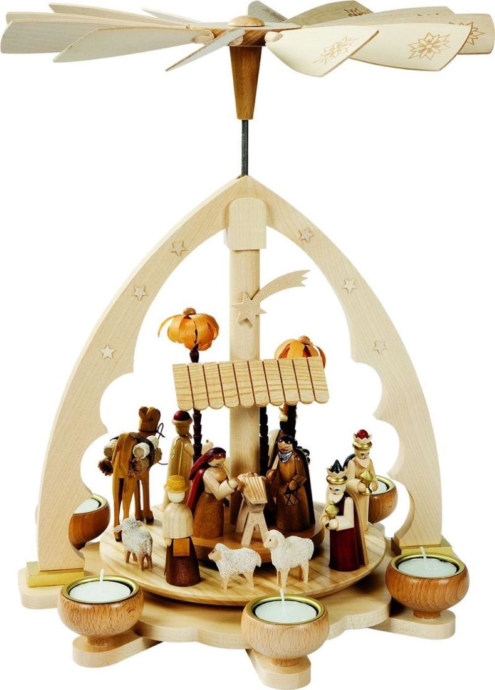 Richard Glaesser Weihnachtspyramide Teelichtpyramide Heilige Familie natur für Teelichte, Höhe 40 cm, Handwerkskunst aus dem Erzgebirge