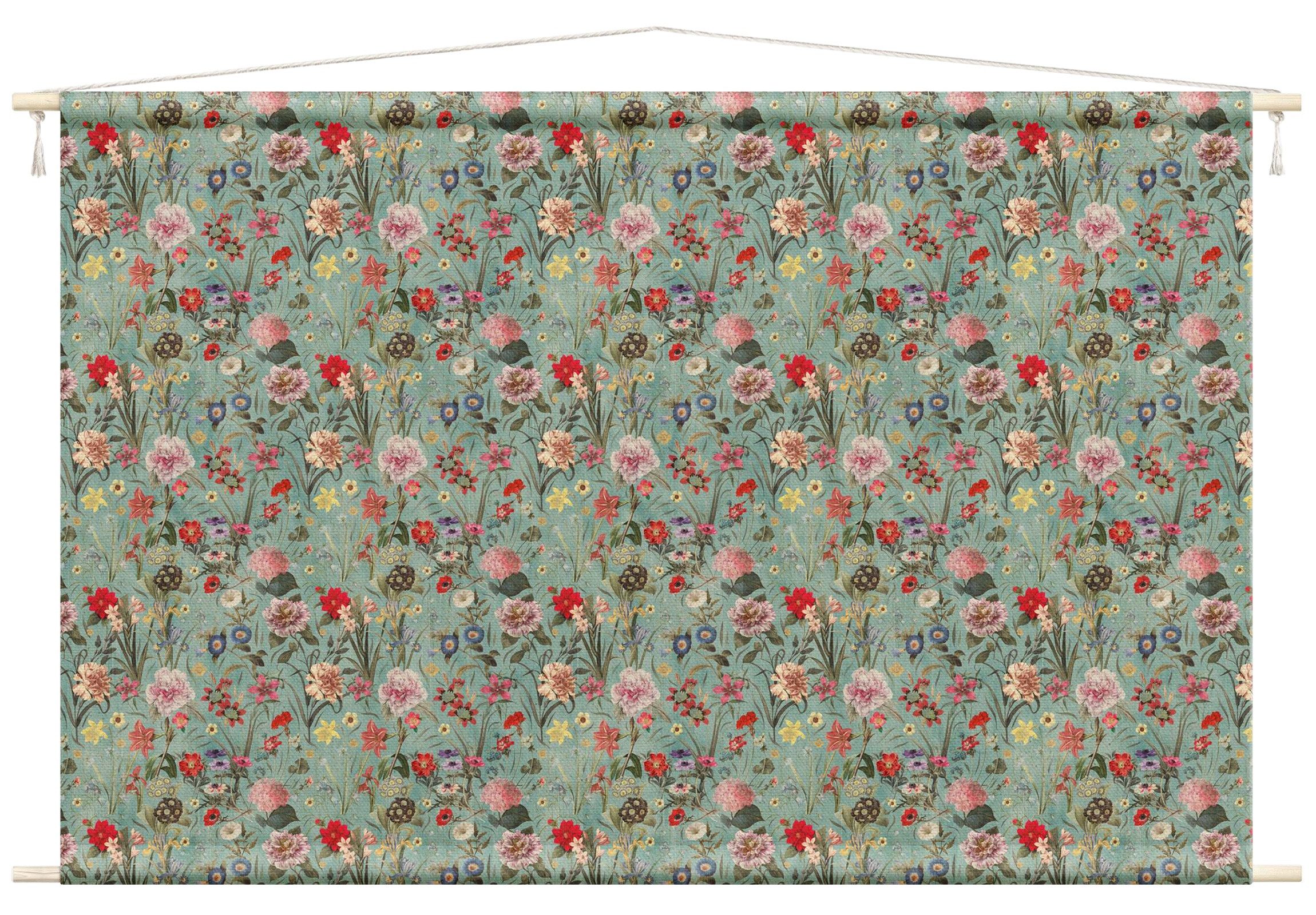 Bilderdepot24 Wandteppich modern Blumen Muster Vintage grün, rechteckig, Höhe: 2.6 mm, großes Wandbild aus Natur-Baumwolle Wandbehang Stoffbild Tuch Wollseil