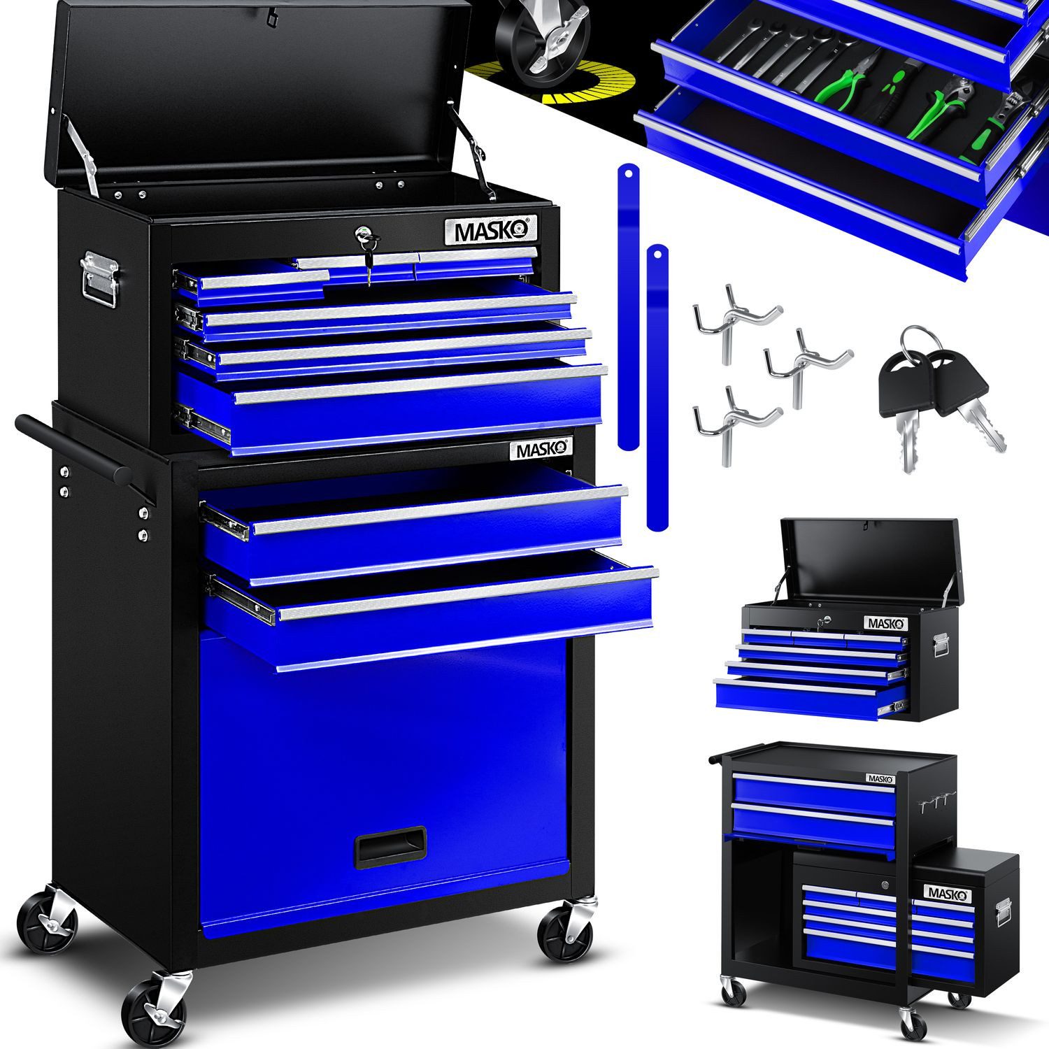 MASKO Werkstattwagen, blau, Werkzeugwagen inklusive Koffer 9 Fächer Abschli günstig online kaufen