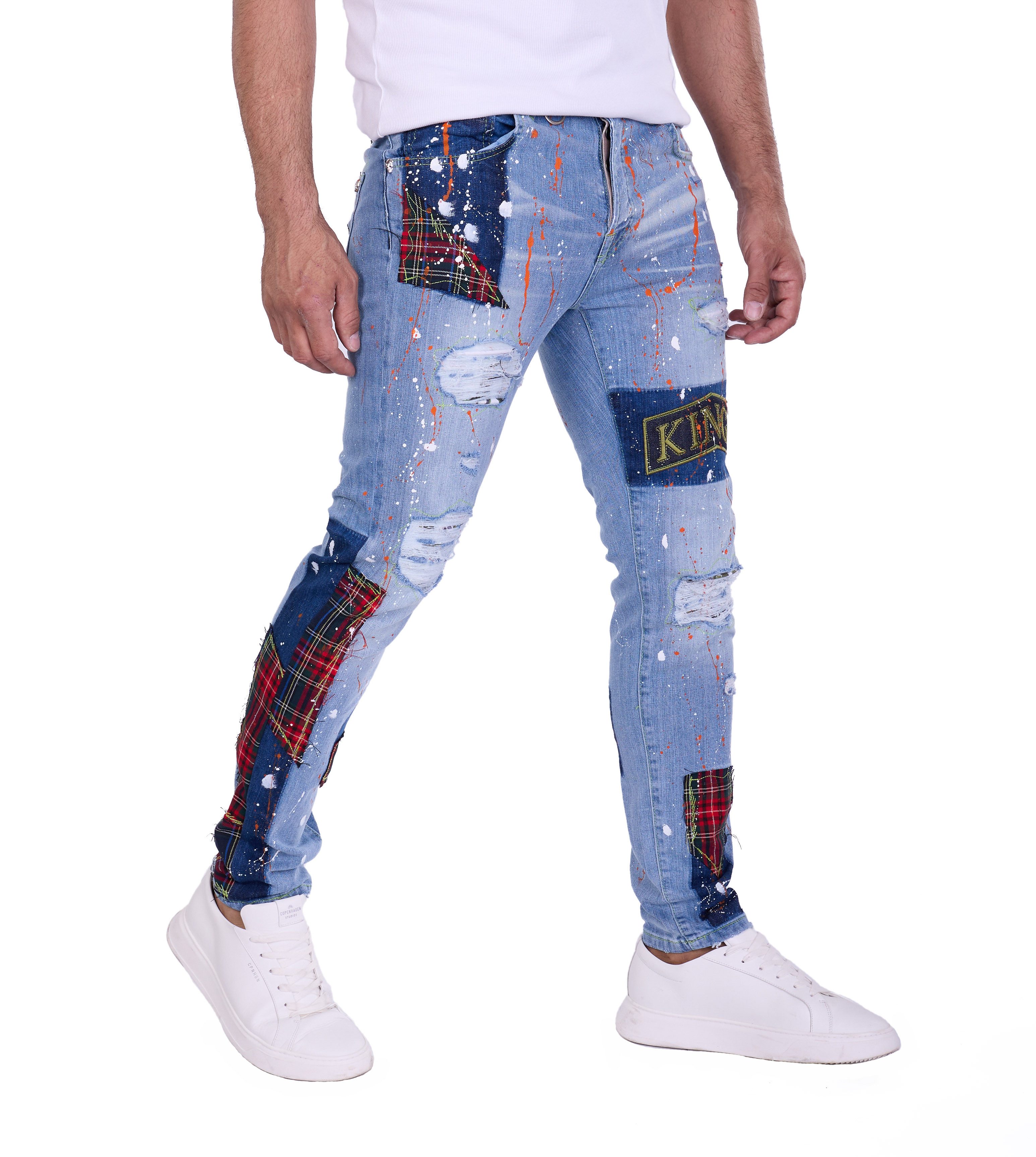 KINGZ Slim-fit-Jeans Herren Designer Patwork Slim Fit Jeans