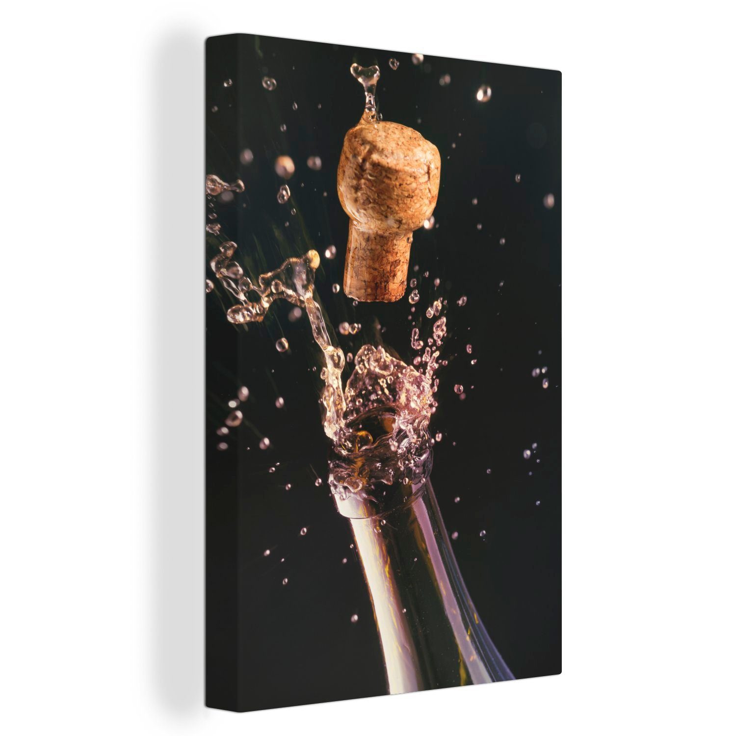 OneMillionCanvasses® Leinwandbild Ein Korken knallt aus einer Champagnerflasche, (1 St), Leinwandbild fertig bespannt inkl. Zackenaufhänger, Gemälde, 20x30 cm