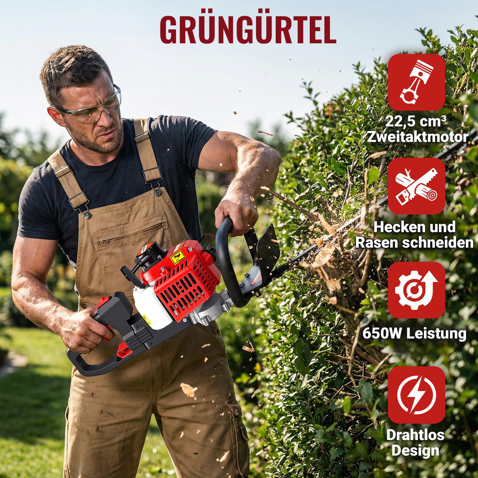 CONENTOOL Benzin-Heckenschere 60 cm Schnittlänge, 22,5 ccm, SK5-Stahl, Vibrationsdämpfung, für Hecken & Sträucher