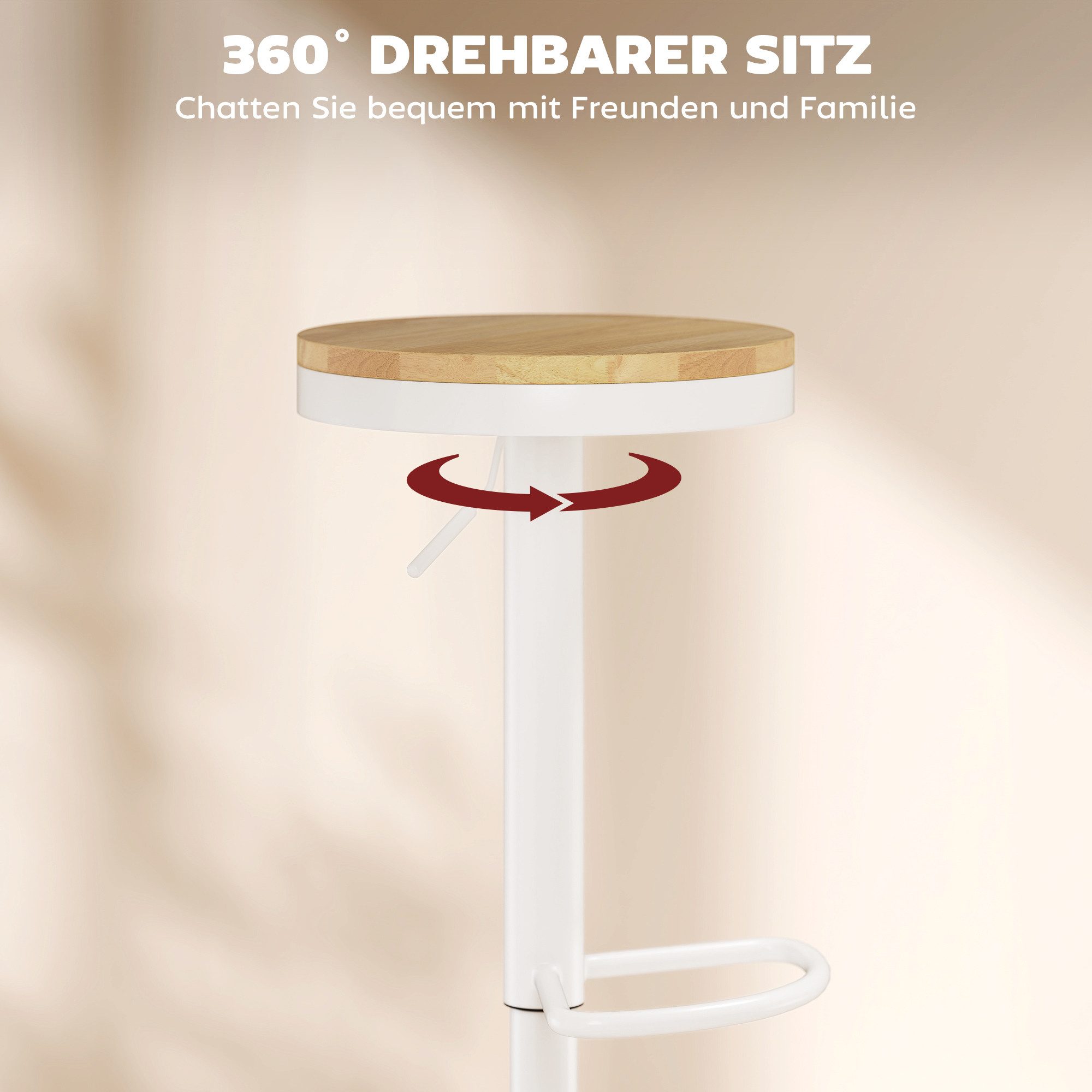 HOMCOM Barhocker Tresenhocker mit Stahlgestell und Fußstütze (360° Drehbar Küchenstühle, 2 St., Höhenverstellbar Barstuhl), für Küche, Wohnzimmer, Esszimmer Nat – Bild 5 von 5