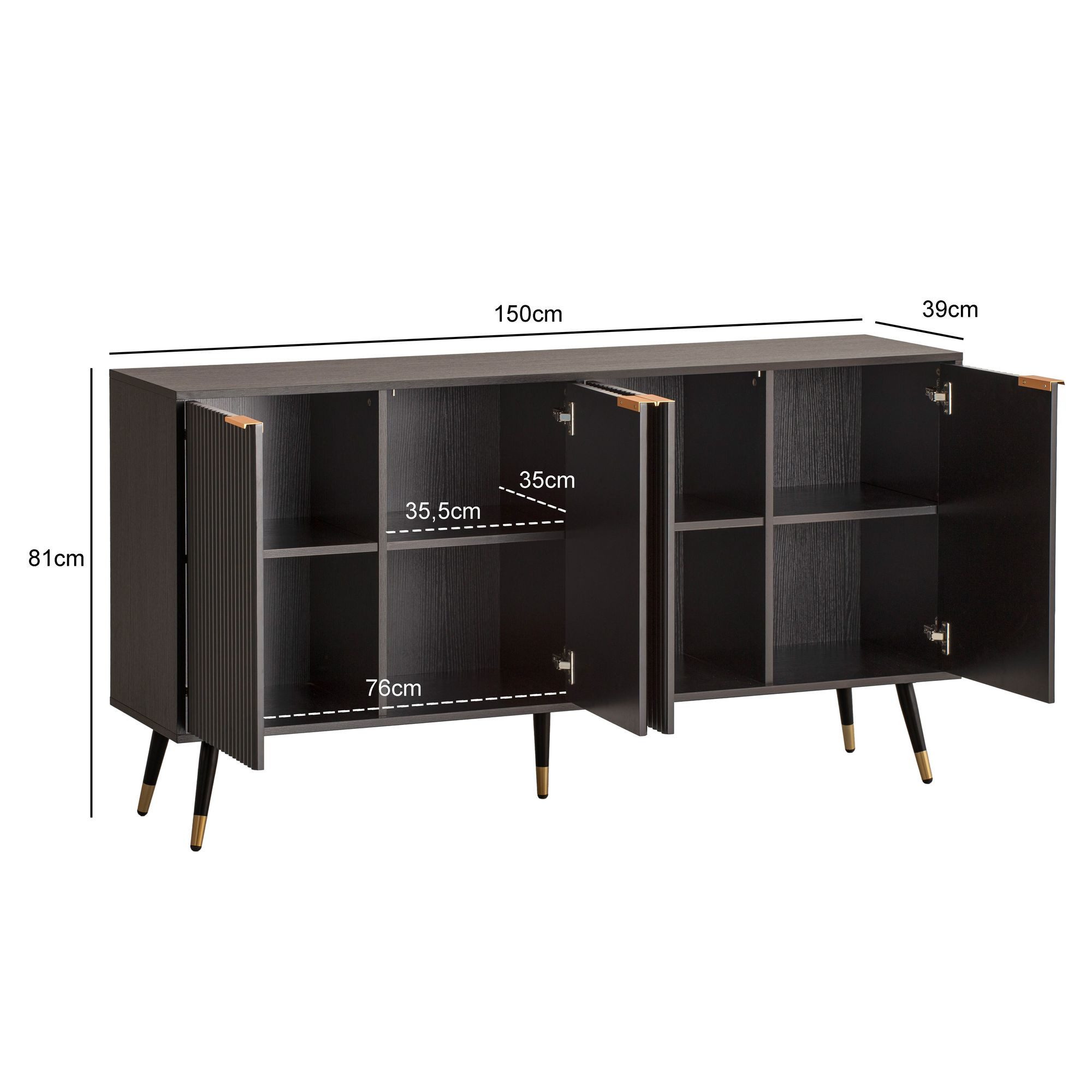 FINEBUY Sideboard FB104685 150cm MDF Eiche Schwarz Dekor Kommode mit 4 Türen (Kommode Türen Standschrank, Hoher Kommodenschrank), 150x81x39cm Anrichte, Schwarz Eiche-Dekor