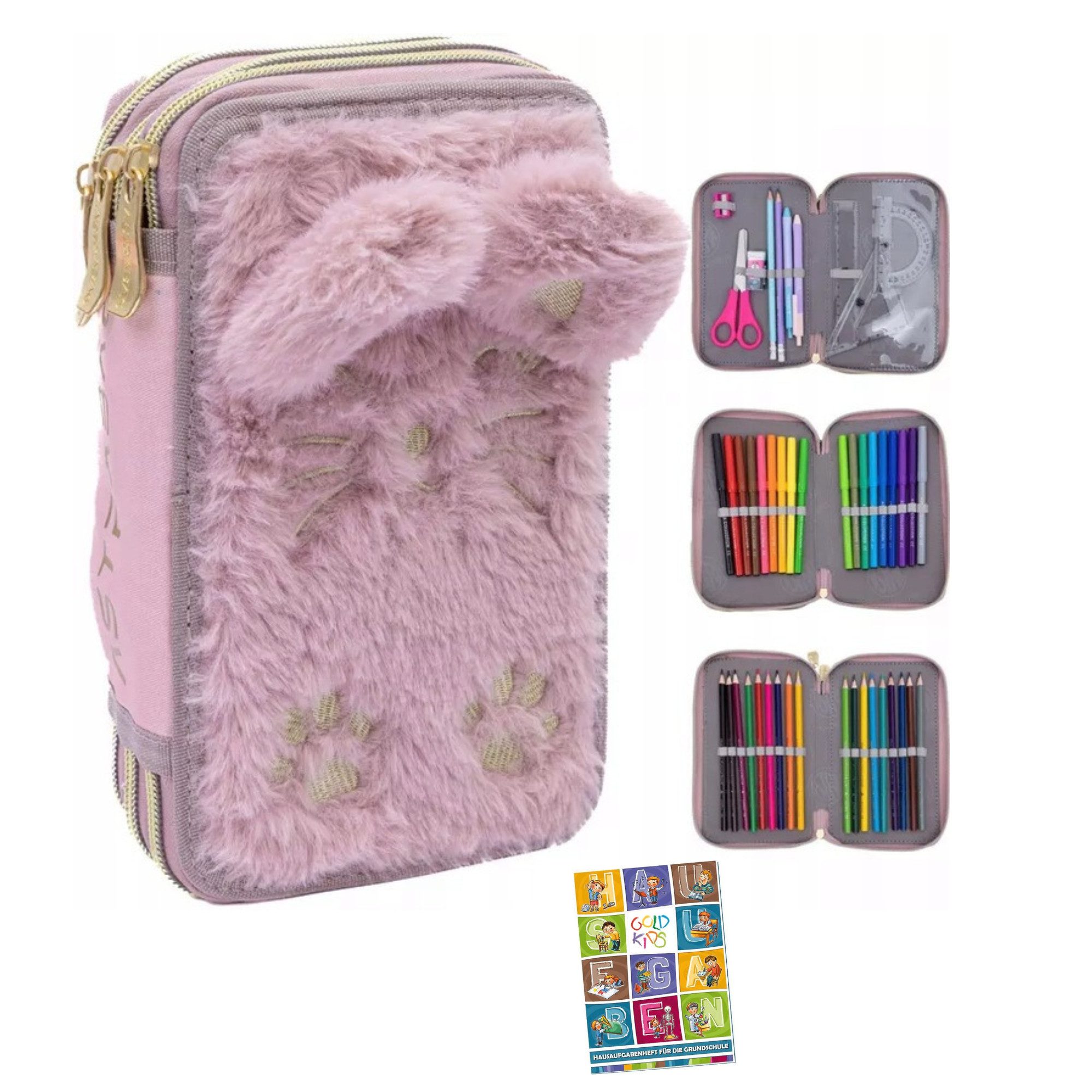 GOLDKIDS Federmäppchen 3 Fächer - Mäppchen für Mädchen -, (Federmappe, 3-Fach Federtasche Gefüllte Schüleretui Schulmäppchen), und Hausaufgabenheft - Plüschkatze