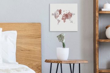 OneMillionCanvasses® Leinwandbild Weltkarte - Rot - Grau, (1 St), Leinwand Bilder für Wohnzimmer Schlafzimmer