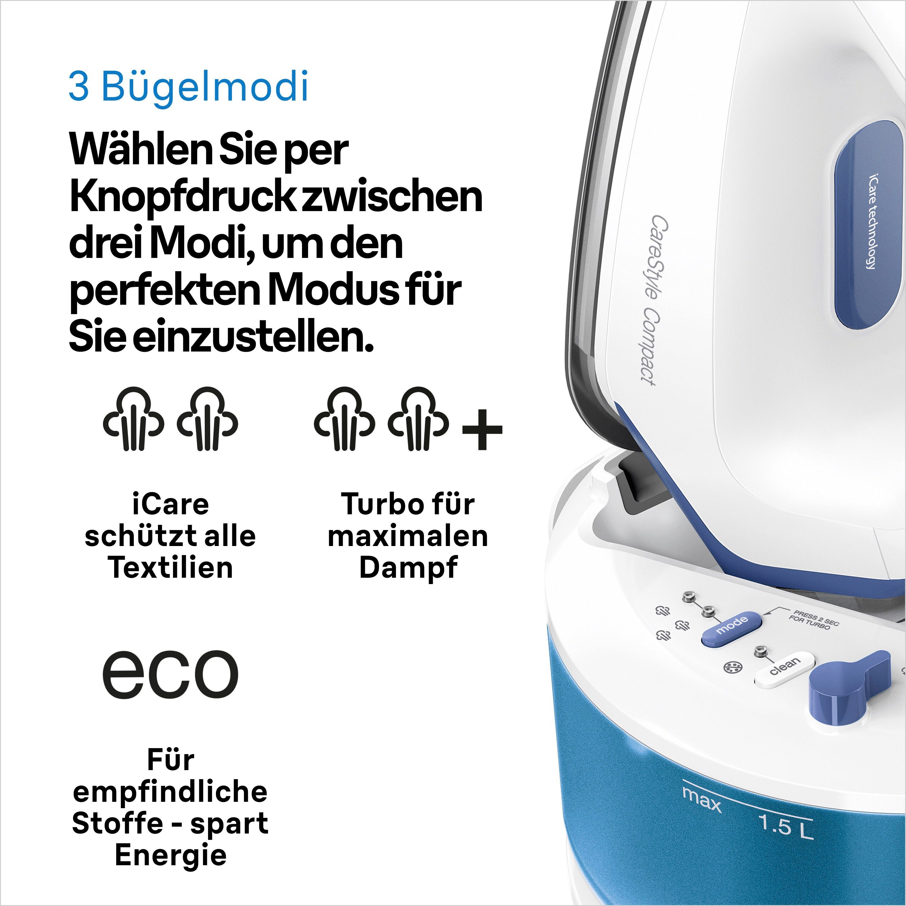 Braun Dampfbügelstation CareStyle Compact IS 2143 BL - 6,0 bar, 420 g Dampfstoß 1,5 l Tank, 1500 ml Wassertank, 125 g Dampfmenge, EloxalPlus Bügelsohle, Easy CalcClean Entkalkung